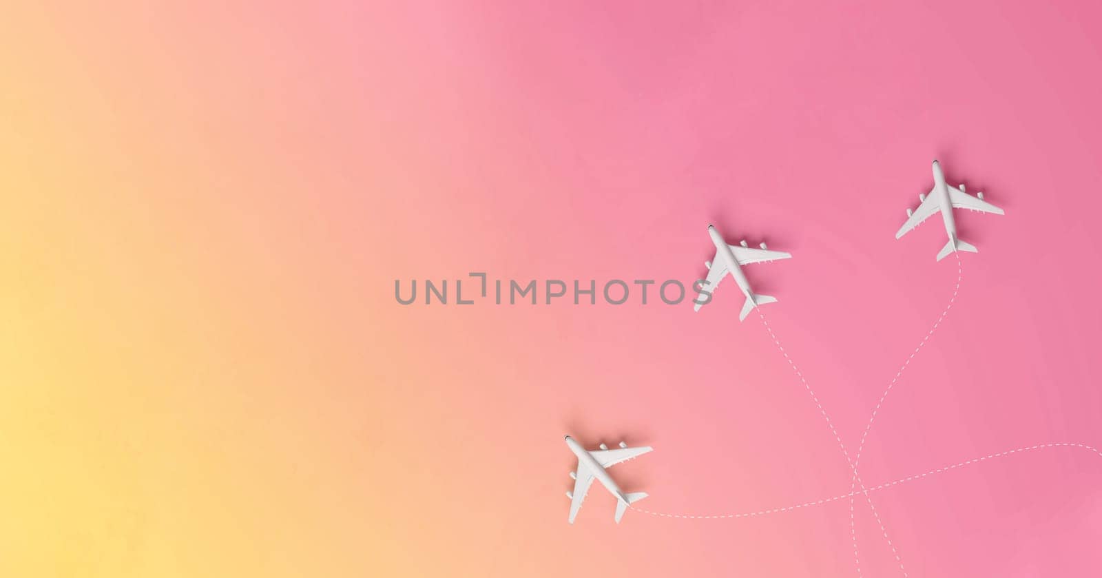 Travelling to different sunny destinations of vacation on gradient background with space for text. 3D rendering.