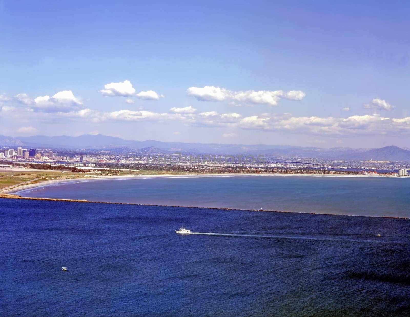 View of downtown, Coronado Bridge and Hotel del Coronado in San Diego, California
