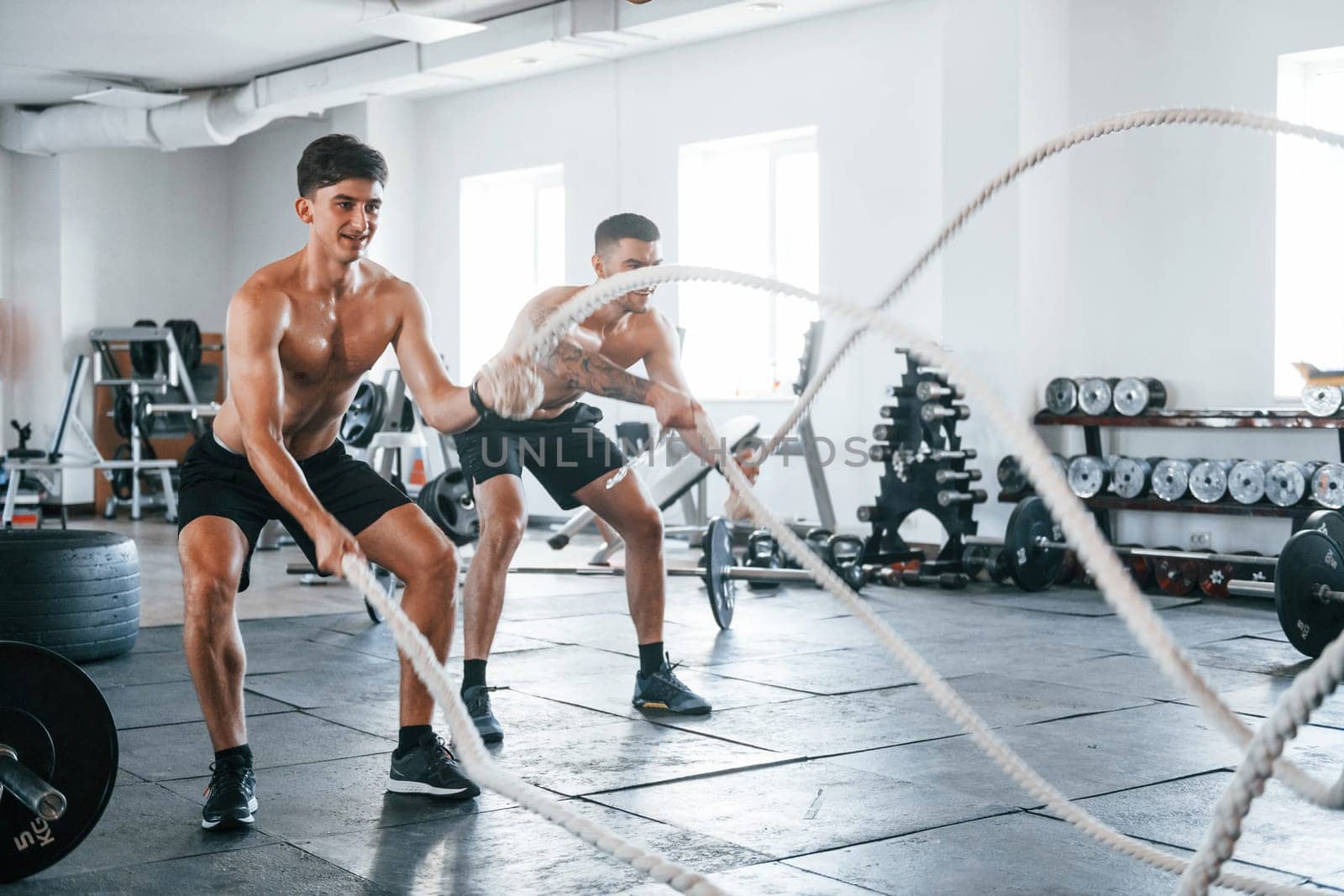 Young people with sportive body shapes doing crossfit by using knots.
