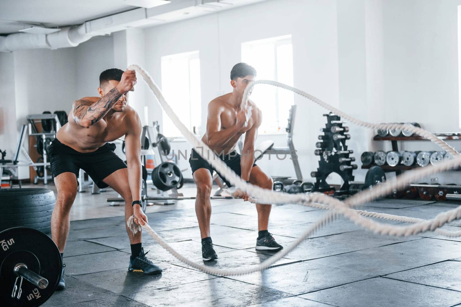 Young people with sportive body shapes doing crossfit by using knots.