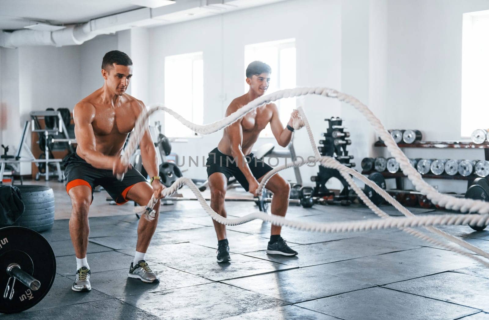 Young people with sportive body shapes doing crossfit by using knots.