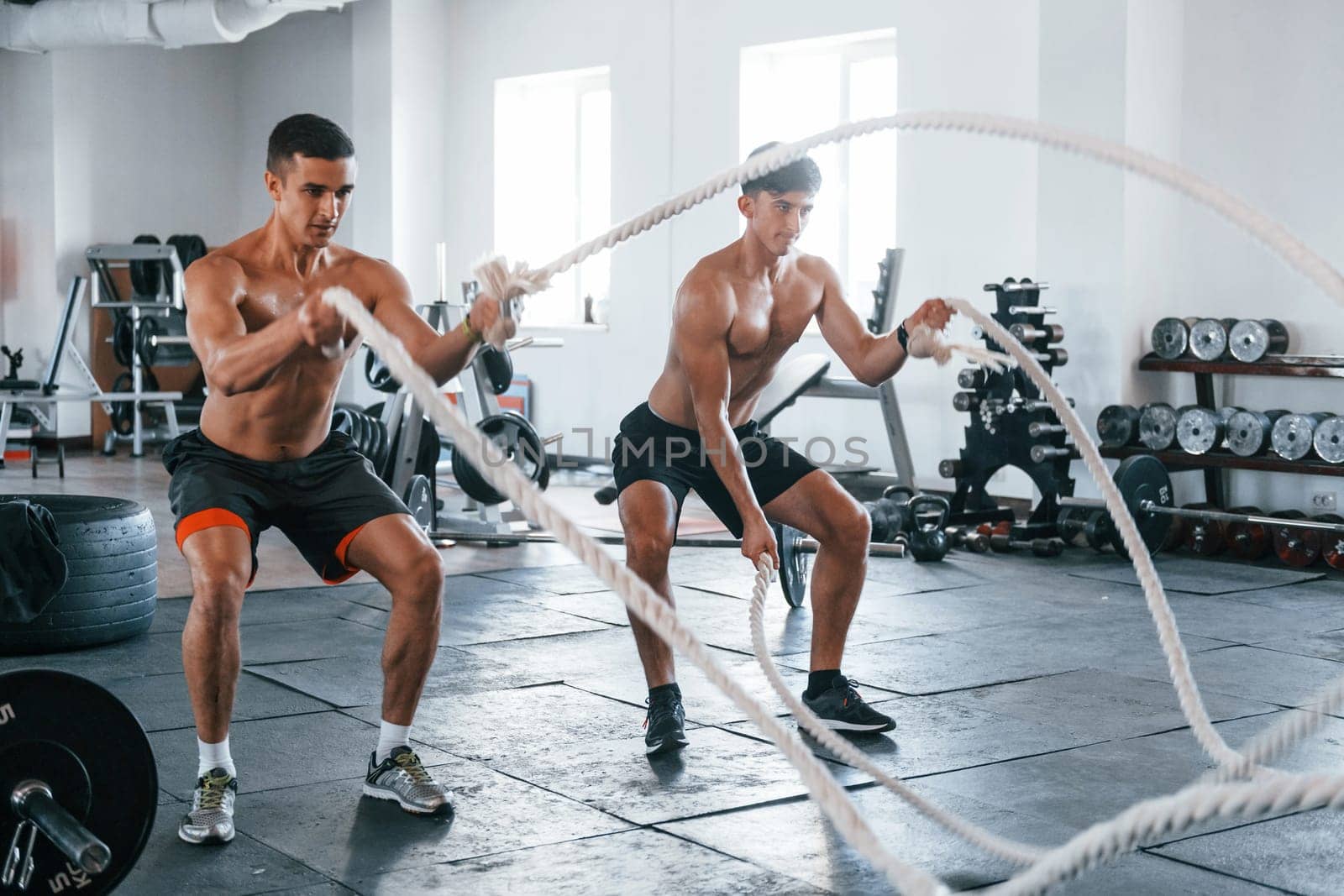 Young people with sportive body shapes doing crossfit by using knots.