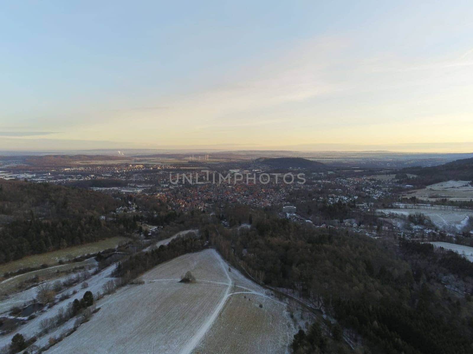 View of the city of Goslar in the Harz mountains photographed from the Steinberg in winter
