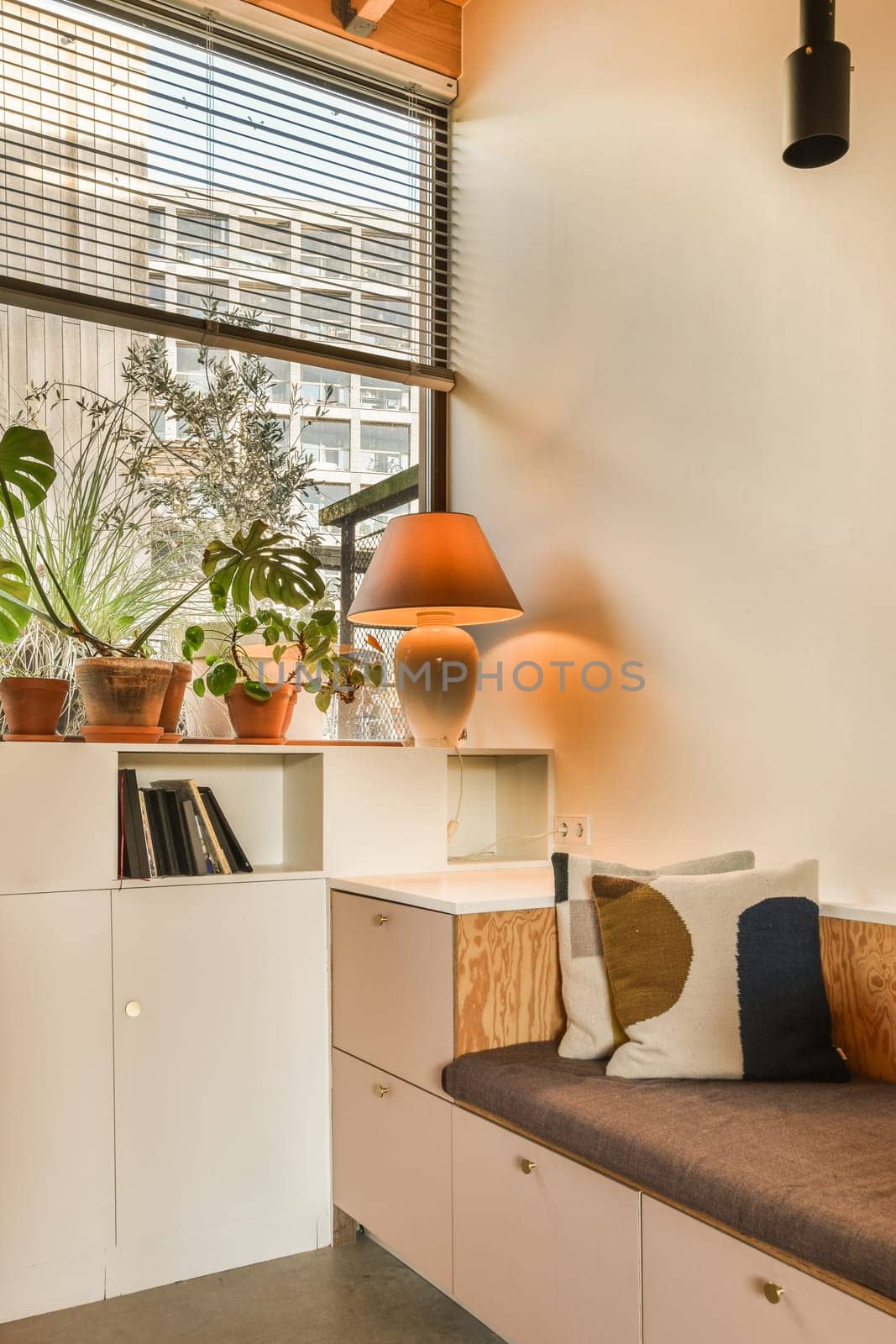 a living room with some plants in the window sis and an office chair on the floor next to it
