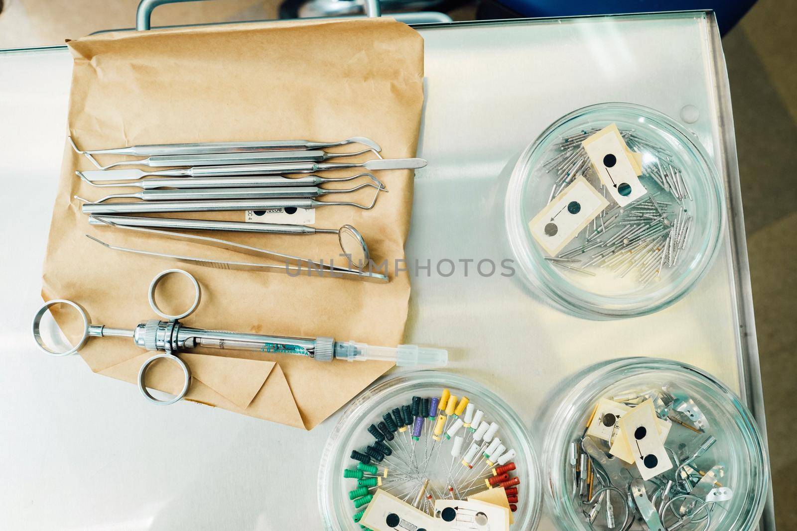 the dentist's tool is on the table before working in his office.