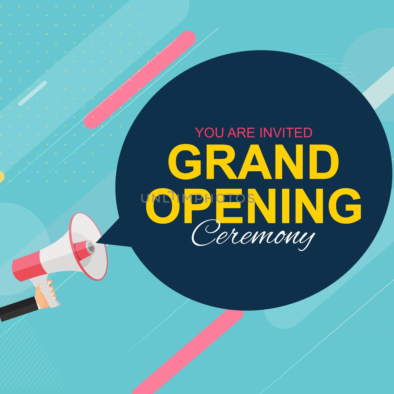 Grand Opening Card with Megaphone and Speech Bubble. Vector Illustration by yganko