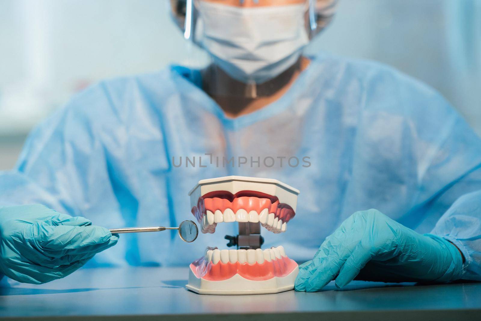 A dental doctor wearing blue gloves and a mask holds a dental model of the upper and lower jaws and a dental mirror.