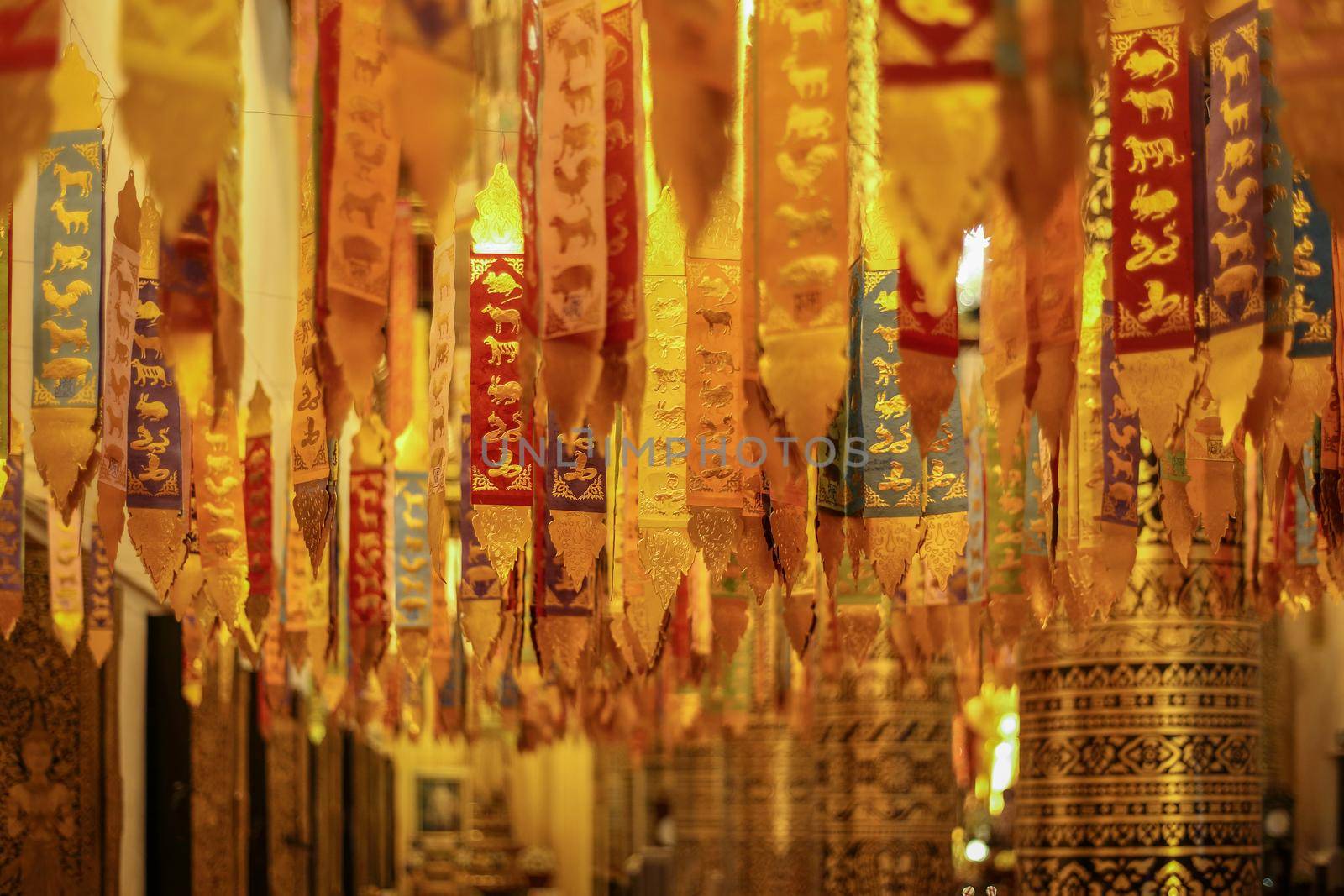 Northern thai religion ceremony flag (Tung) in Jedi luang temple , Chiangmai Thailand.