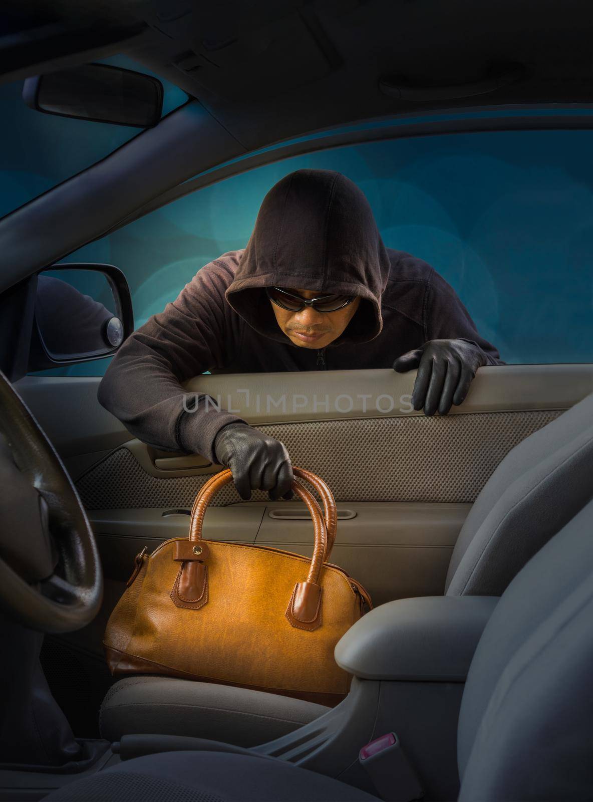 thief stealing women handbag from car by toa55