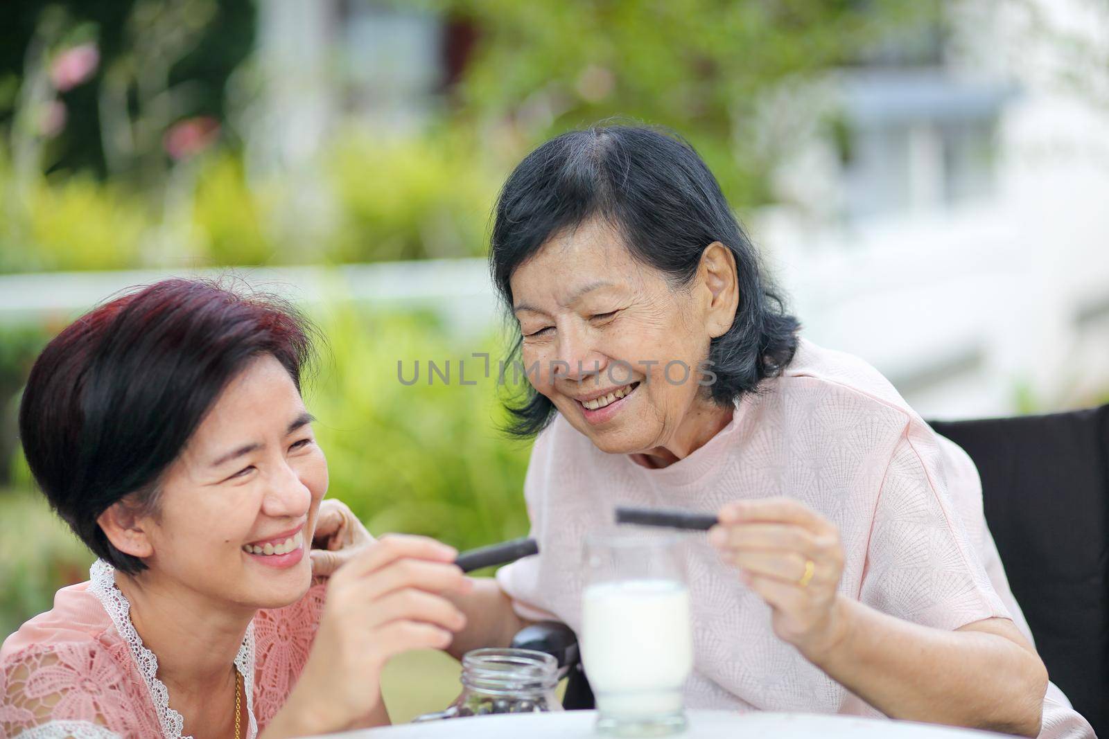 Daughter caring for the elderly asian woman ,picking a chocolate cookie to mother in backyard. by toa55