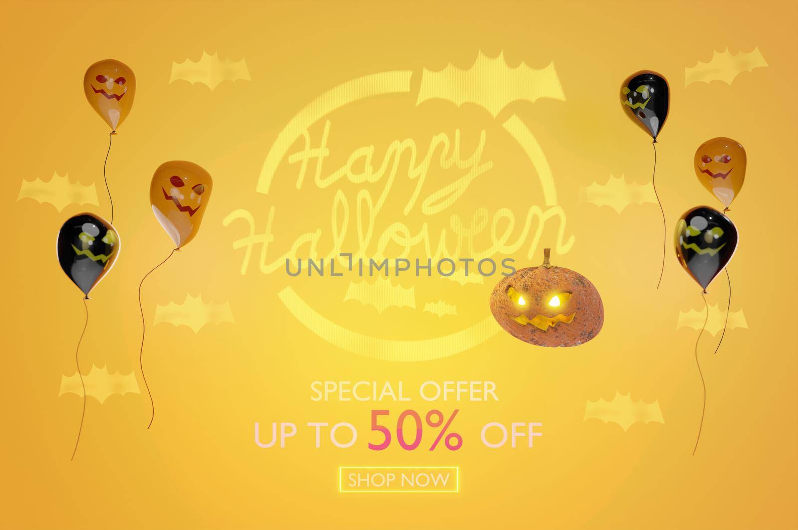 3d illustration. 50 percent off Halloween discount background . Modern discount banner with pumpkin Jack and balloons