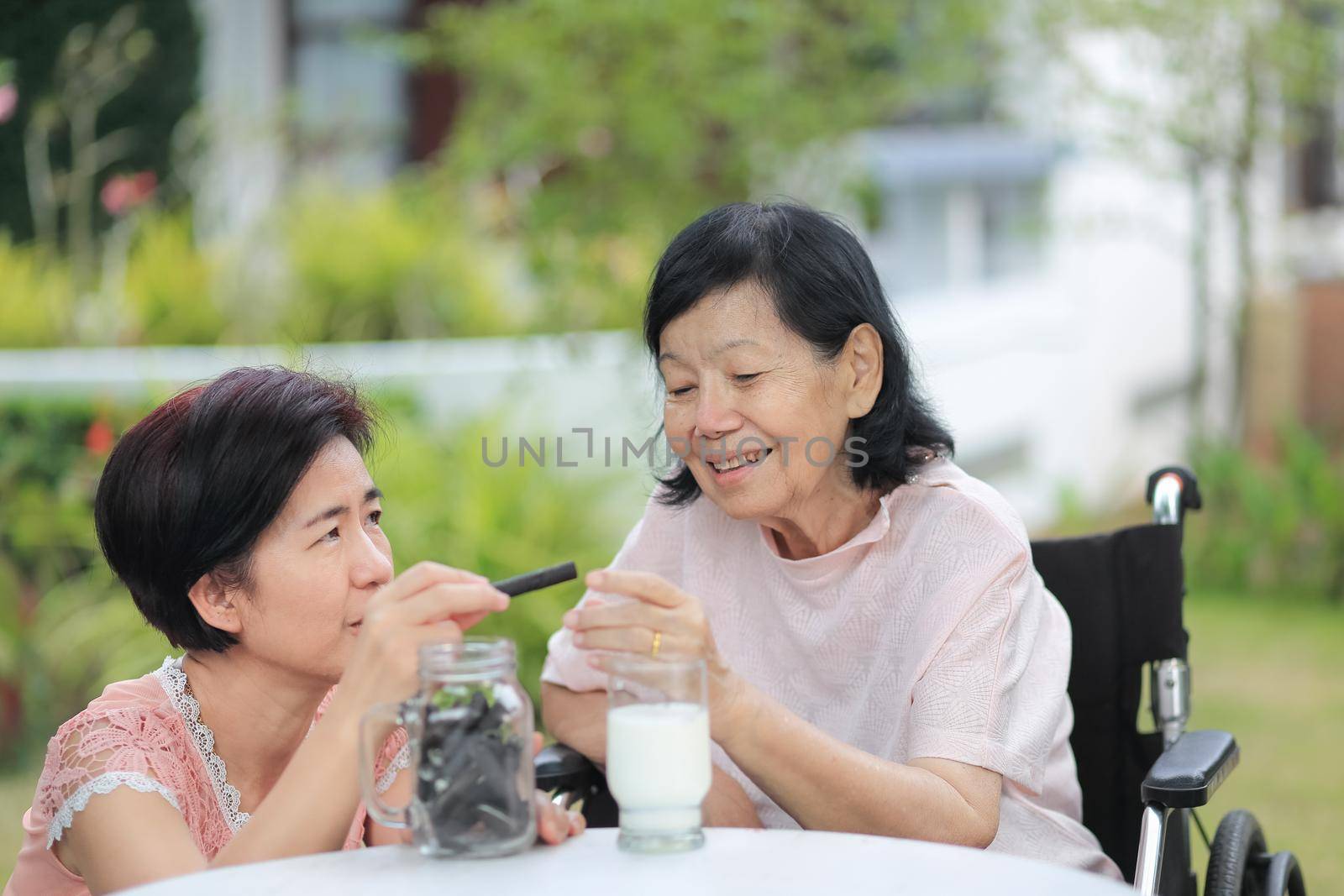 Daughter caring for the elderly asian woman ,picking a chocolate cookie to mother in backyard. by toa55