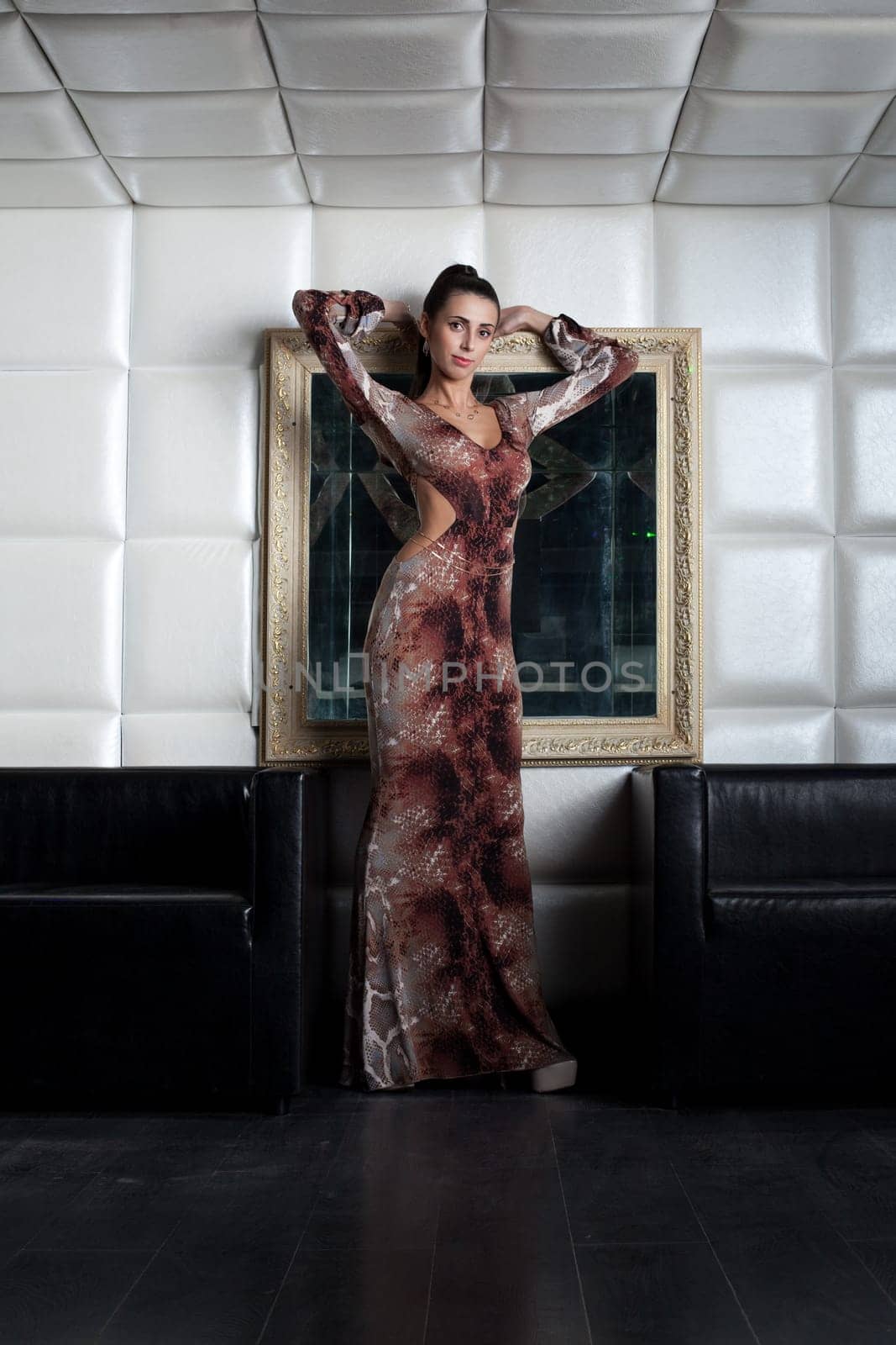Gorgeous slim brunette posing in brown long dress