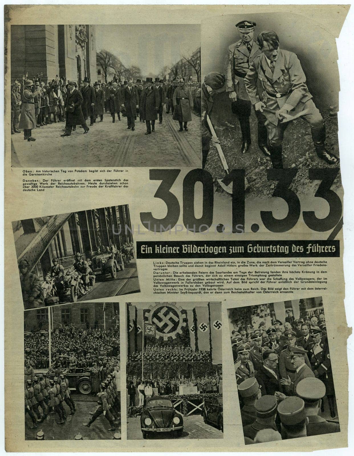 Reproduction of magazine page shows Adolf Hitler a other pictures from Nazi Germany. by roman_nerud