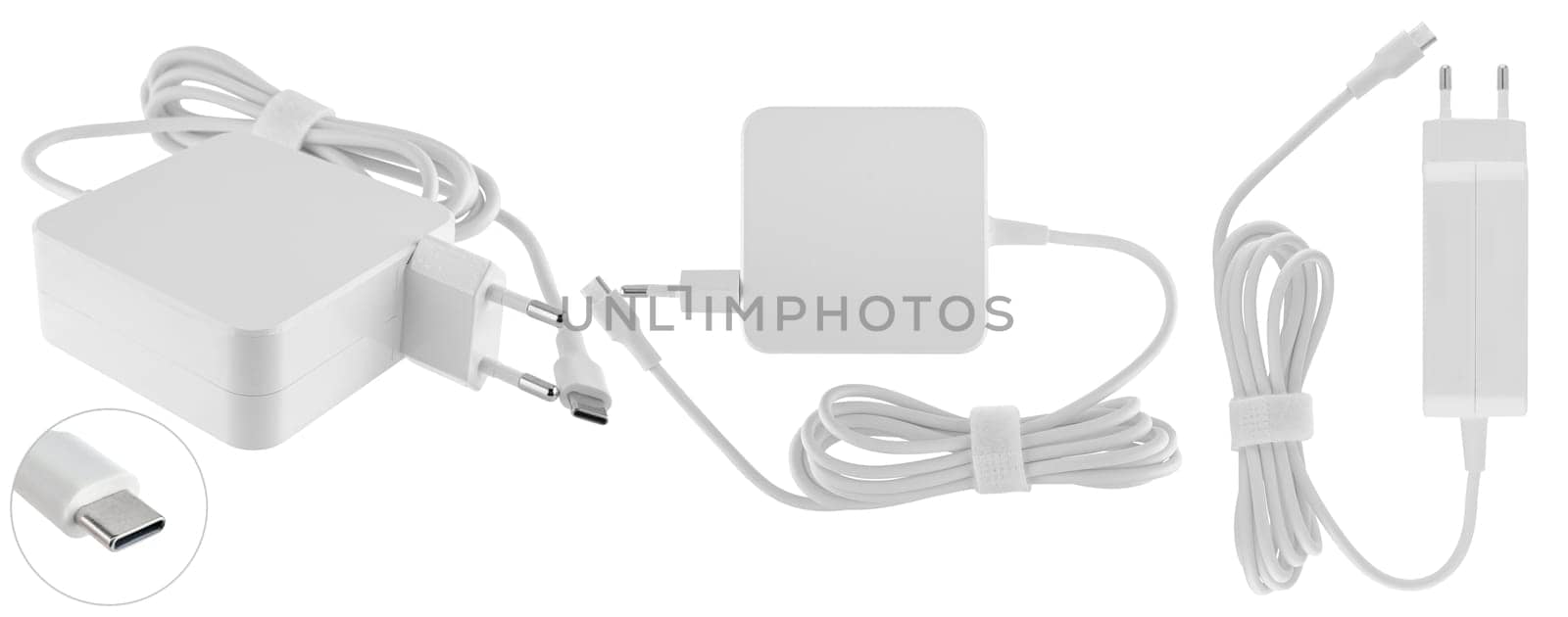 Power supply for a laptop computer, on a white background in insulation