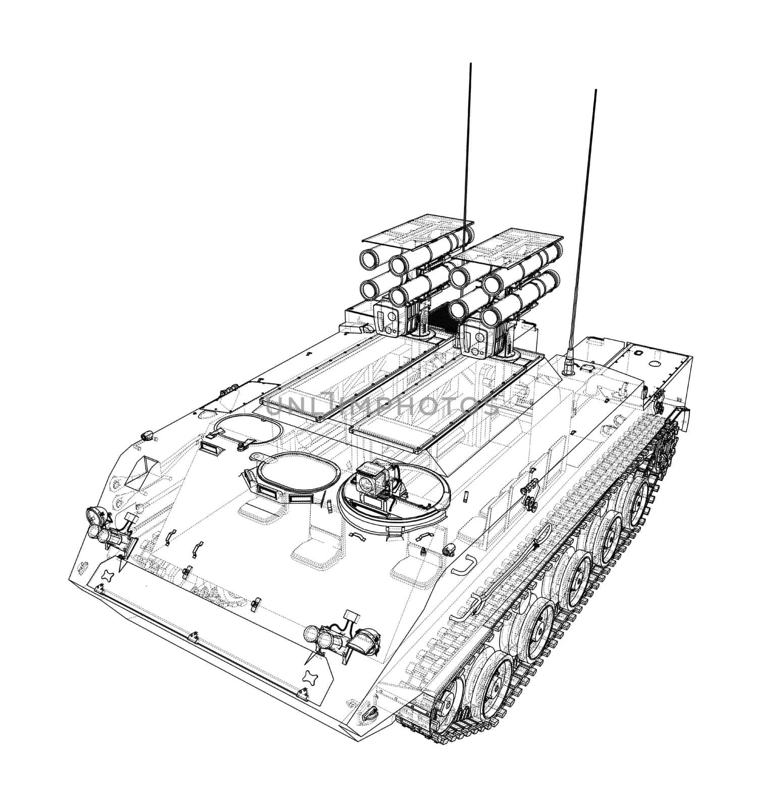 Anti-tank armored car. 3d illustration. Wire-frame style