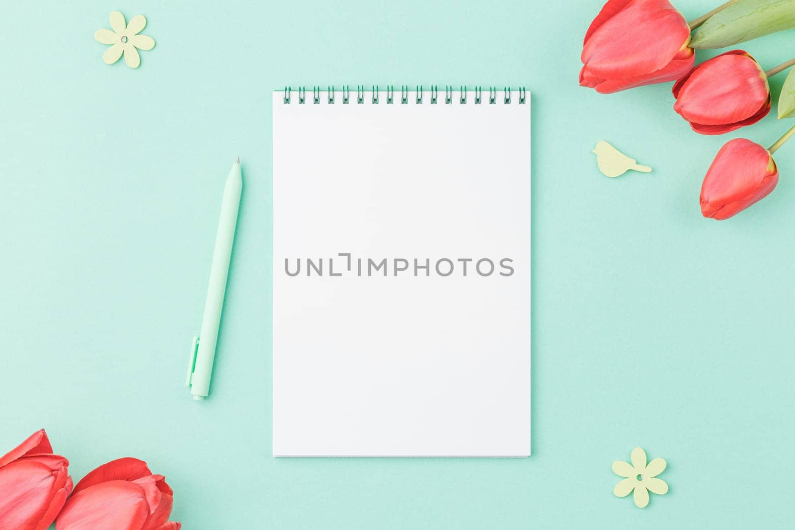 White sheet of a spiral notebook with a pen and red tulip flowers on a green background. Top view. Spring concept.