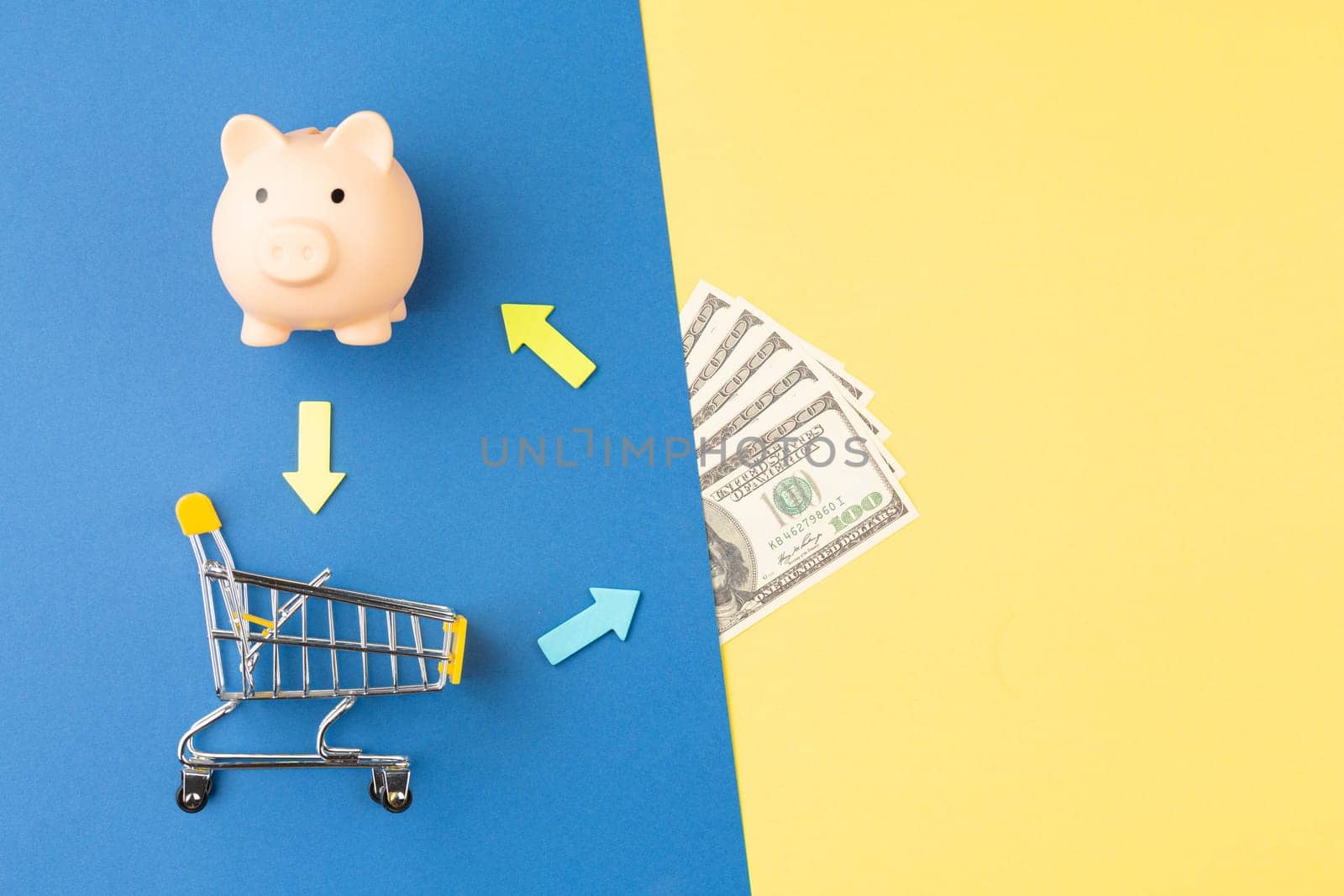 Piggy bank with money and supermarket trolley on a colored background. Schematic concept of commodity circulation and consumer demand.