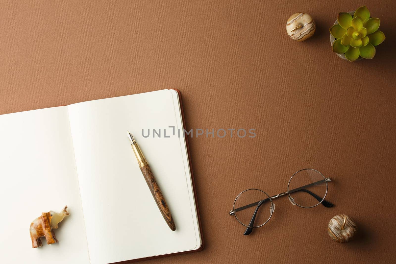 Craft book with fountain pen, marble ornamental apples and elefant, glasses and houseplant with green leaves in a pot on a brown background. Organizer on the desktop. View from above.