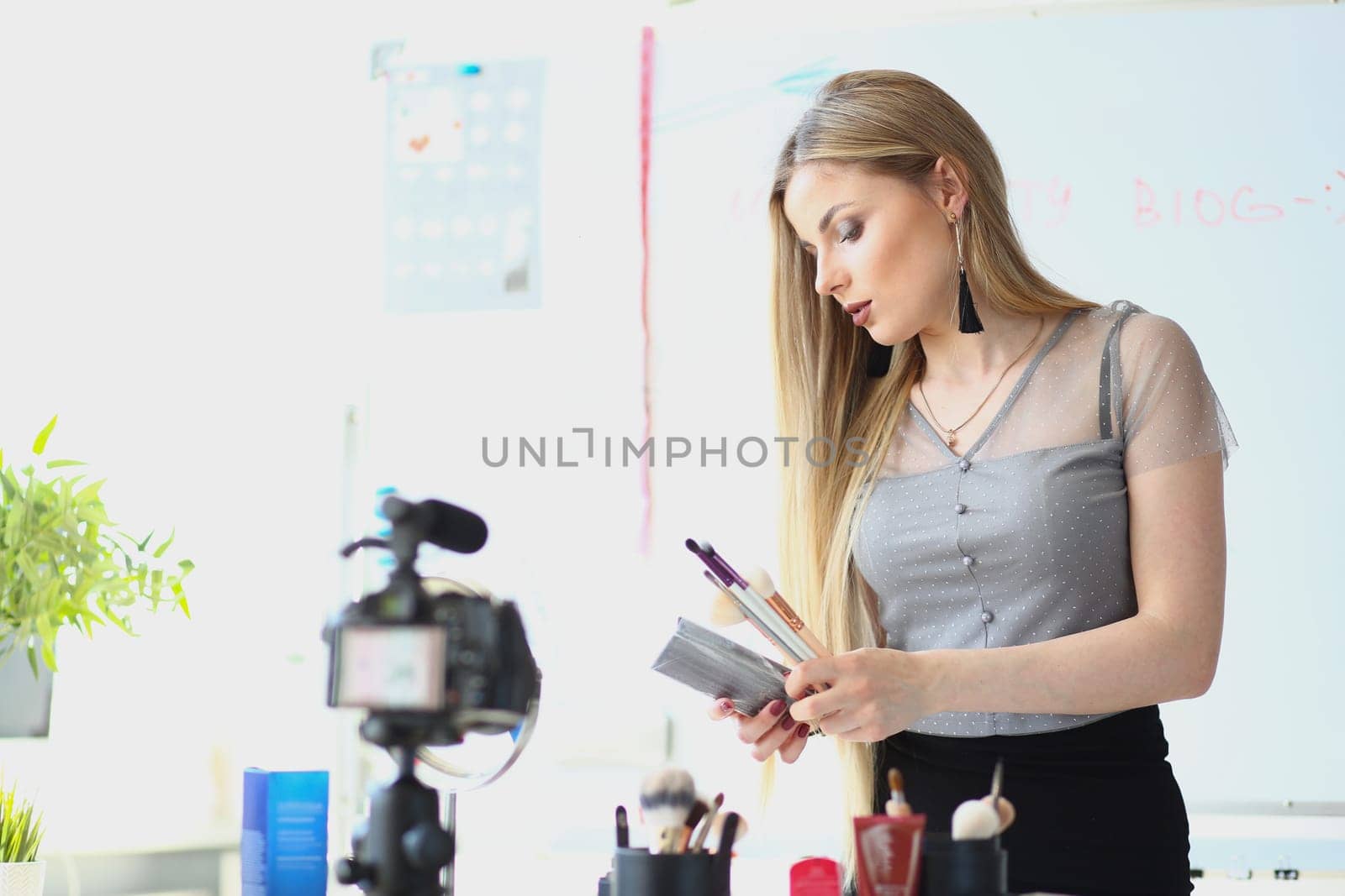 Woman makeup artist conducts online makeup training. Distance learning blogger cosmetologist