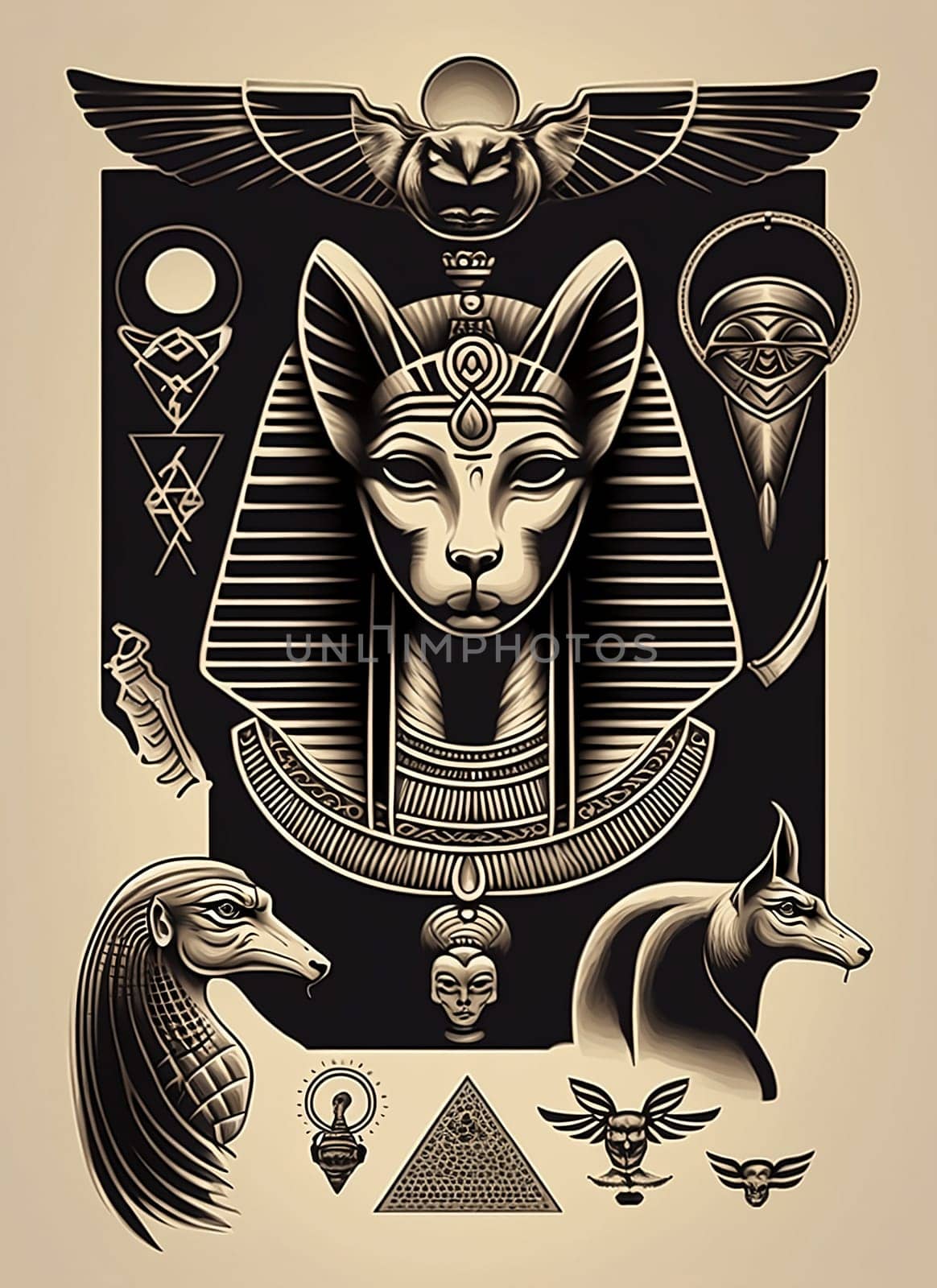 Poster with Egyptian pattern. Egyptian ancient drawing, concept art. Illustration.