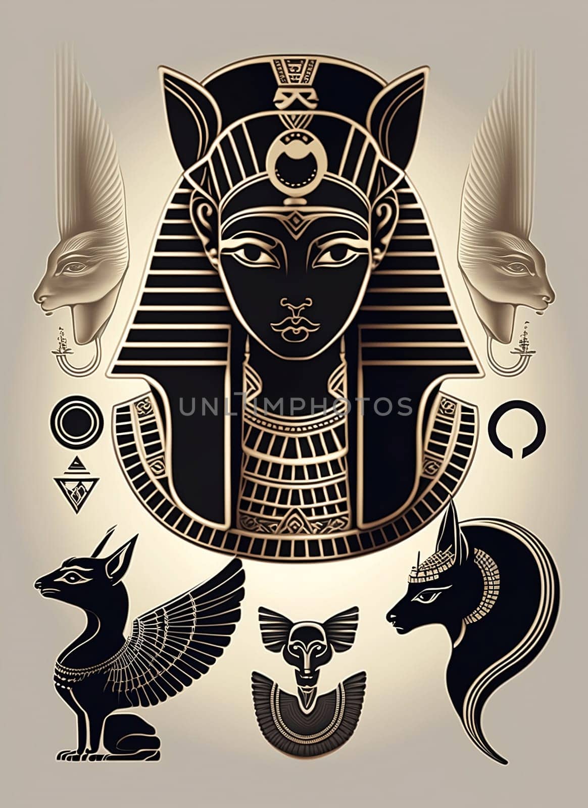 Poster with Egyptian pattern. Egyptian ancient drawing, concept art. Illustration.