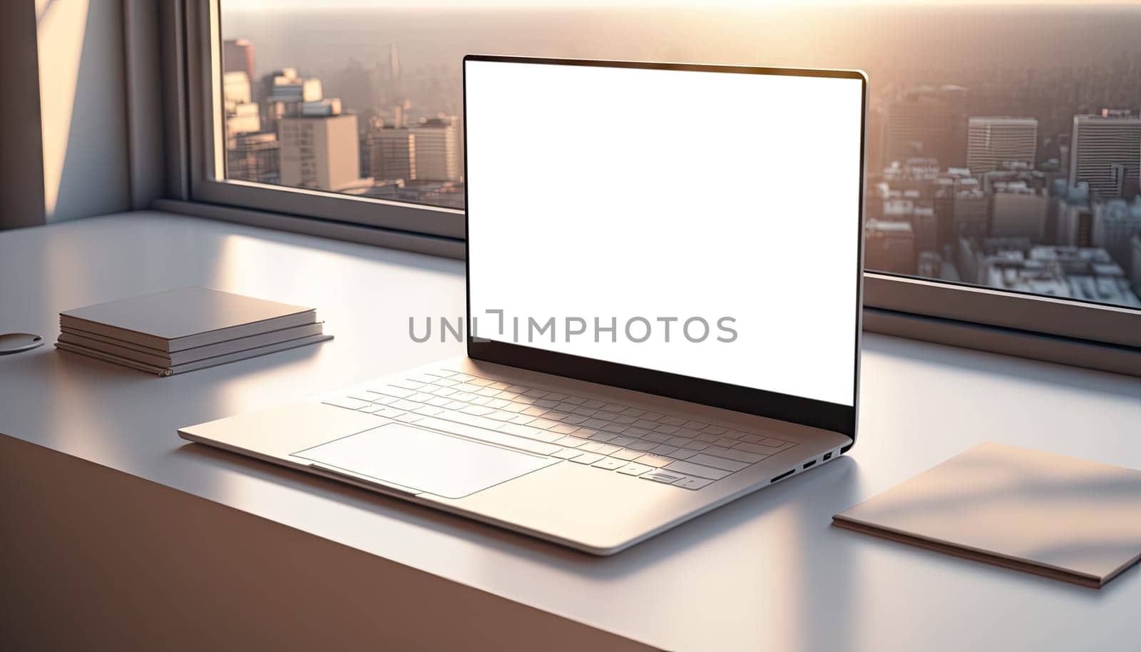 Mock up laptop computer in modern apartment room with city view in the background. Generative AI.