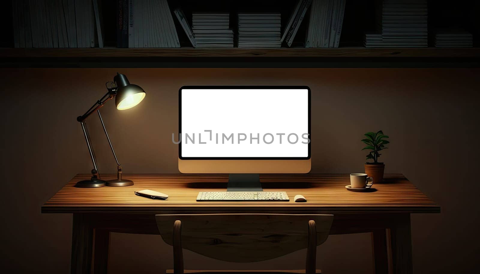 Dark modern workspace with mock up desktop computer on wooden table with lamp and stylish decoration. Generative AI.