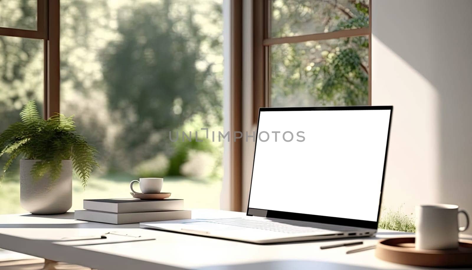 Close up view of laptop computer on white table with office supplies next to the window with green forest view. Generative AI.