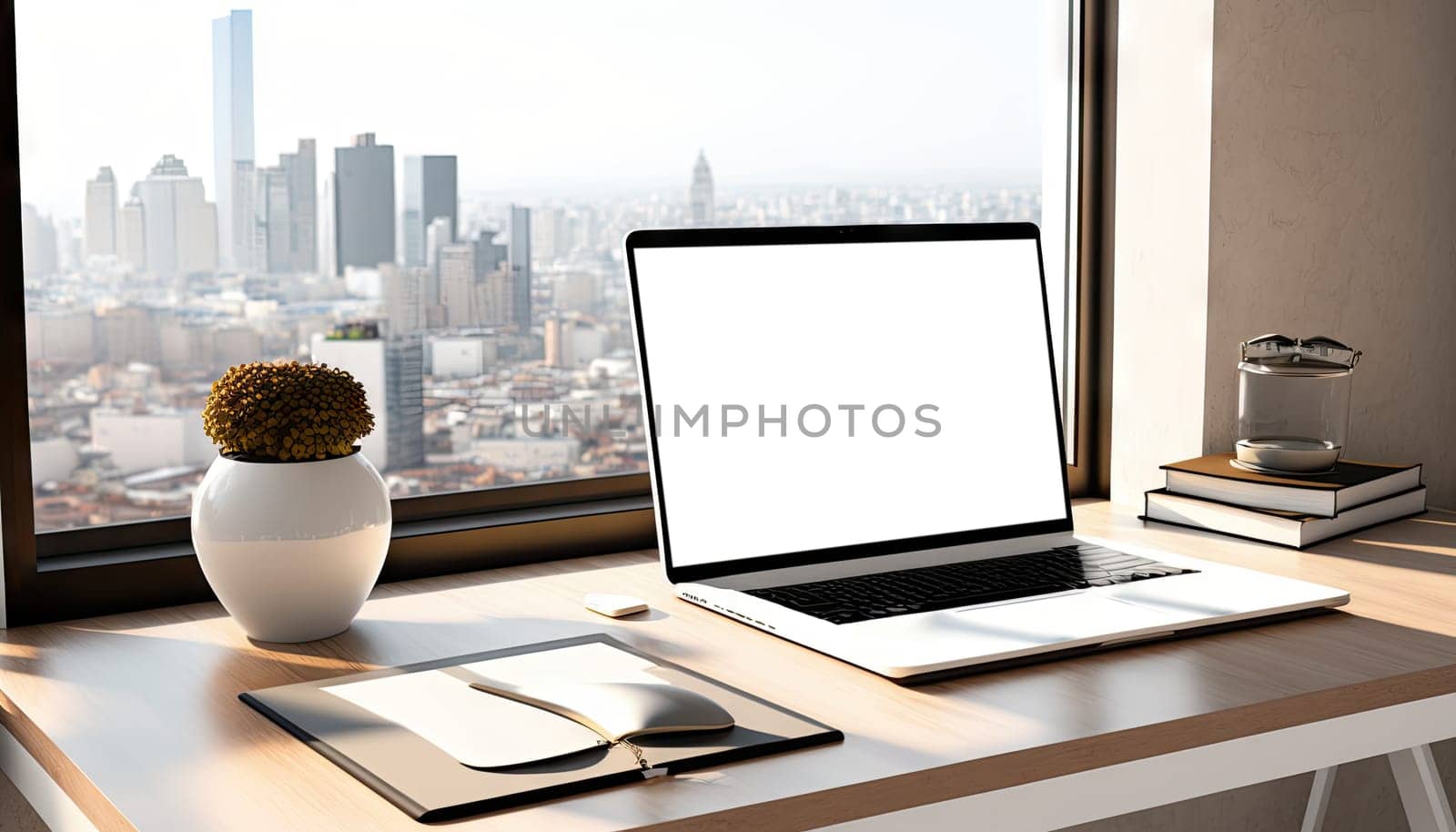 Mock up laptop computer in modern apartment room with city view in the background. Generative AI.