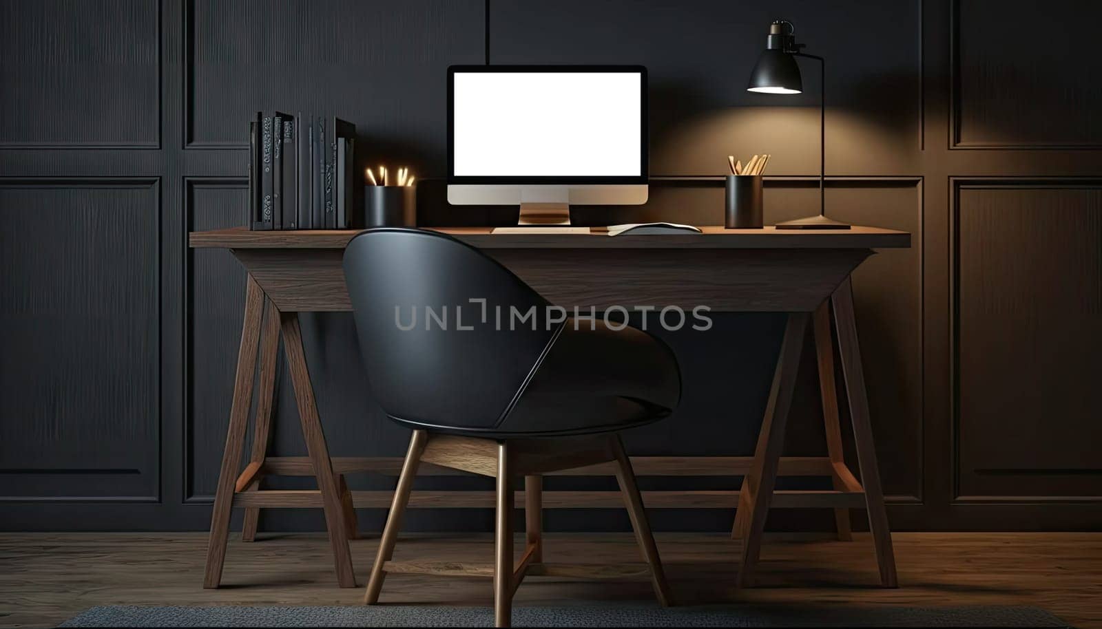 Dark modern workspace with mock up desktop computer on wooden table with lamp and stylish decoration. Generative AI.