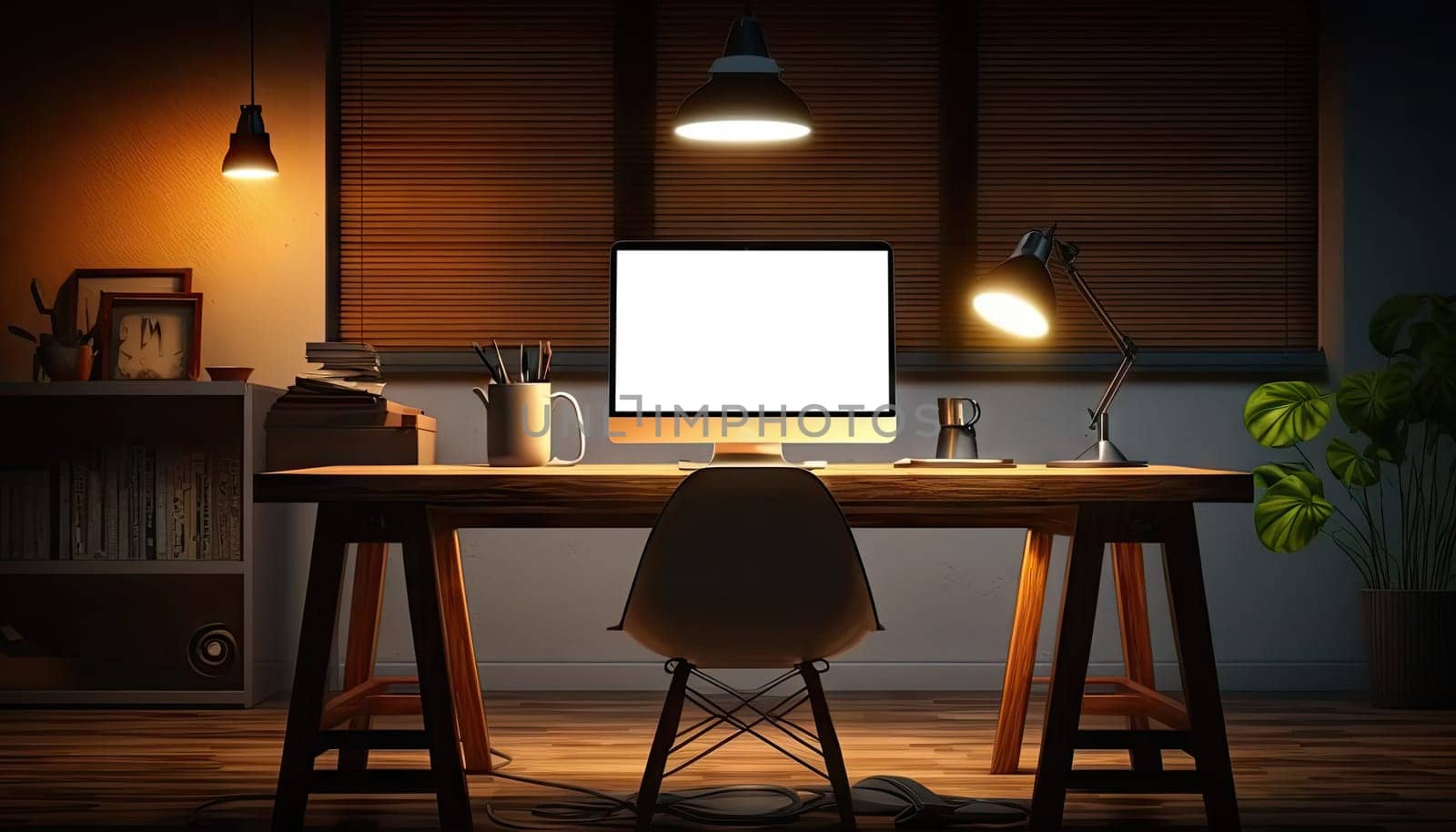 Dark modern workspace with mock up desktop computer on wooden table with lamp and stylish decoration. Generative AI.