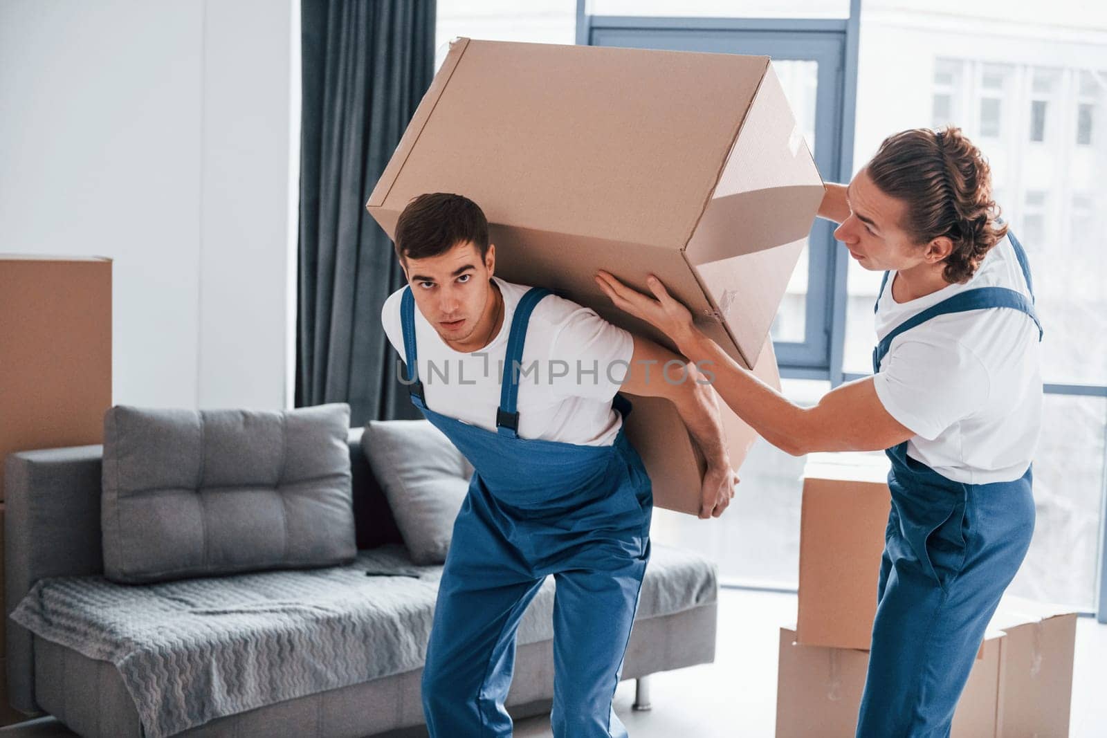 Heavy boxes. Two young movers in blue uniform working indoors in the room.