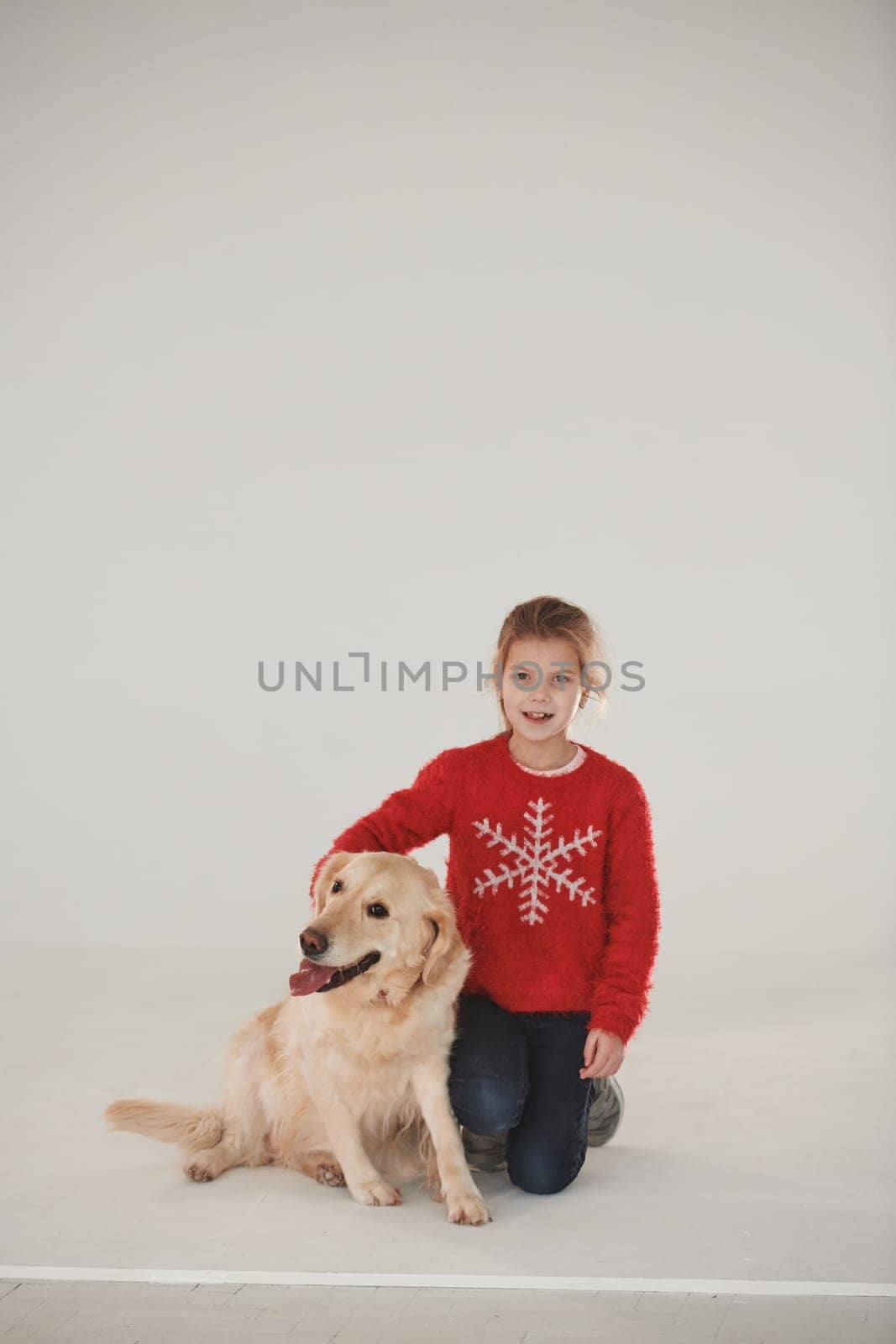 Little girl is with cute Golden retriever in the studio against white background.