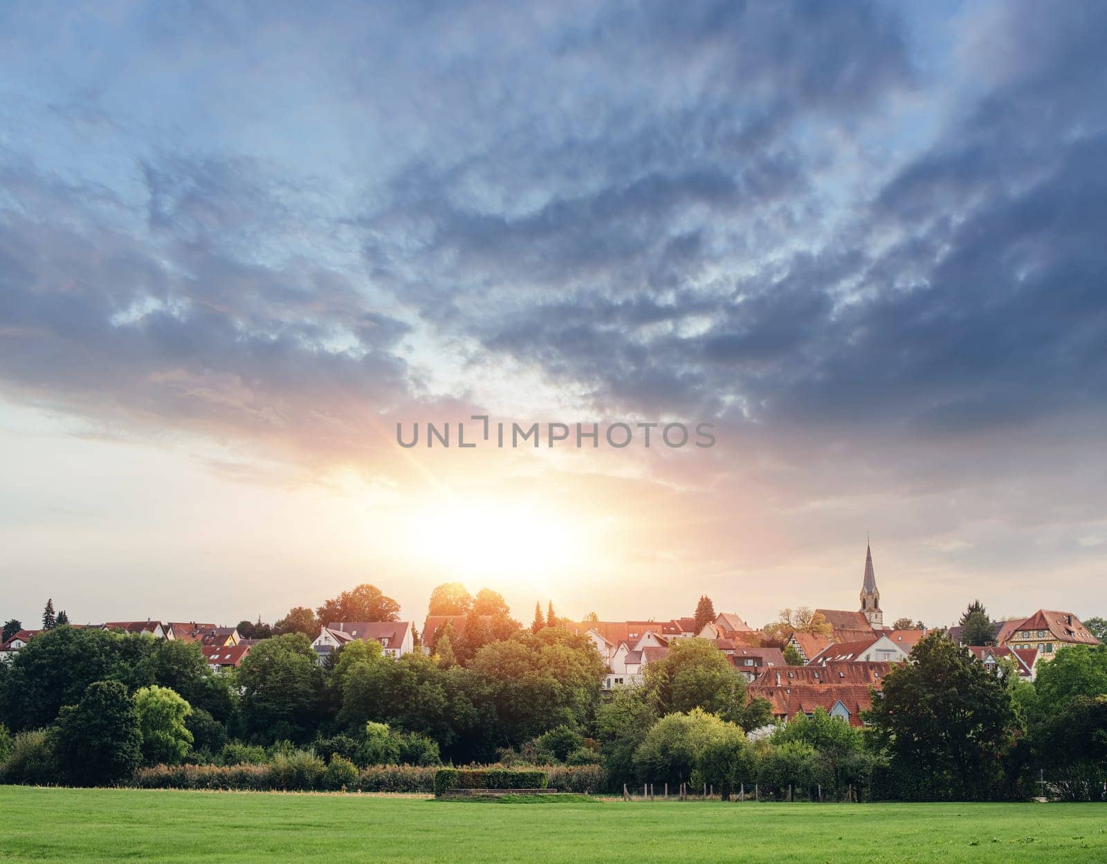 Freiberg am Neckar On the Sunset. Small European town in Baden Wurttemberg, Germany, Europe. Nekar river, southwestern Germany,