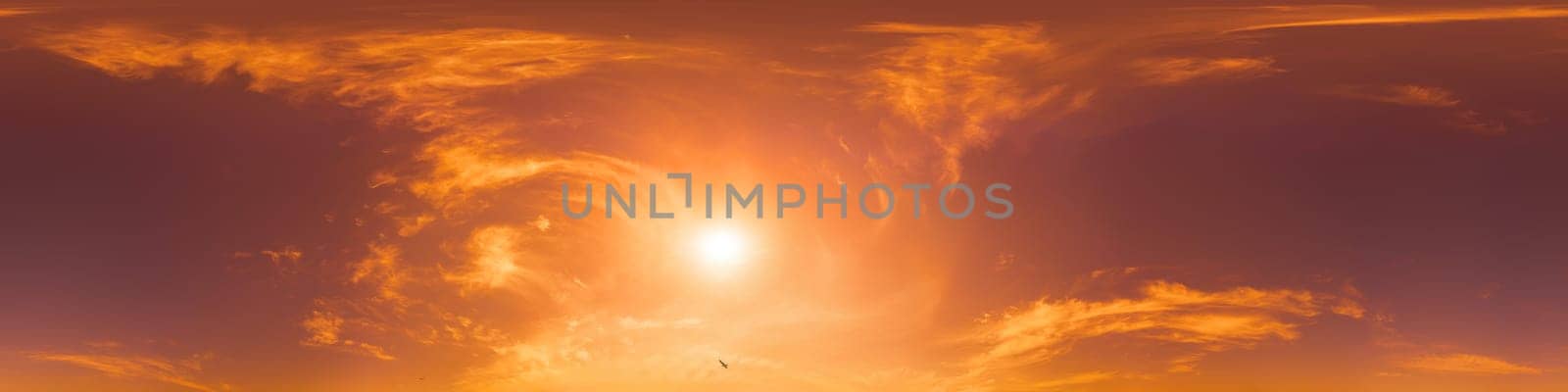 Sky panorama with Cirrus clouds in Seamless spherical equirectangular format. Full zenith for use in 3D graphics, game and editing aerial drone 360 degree panoramas for sky replacement