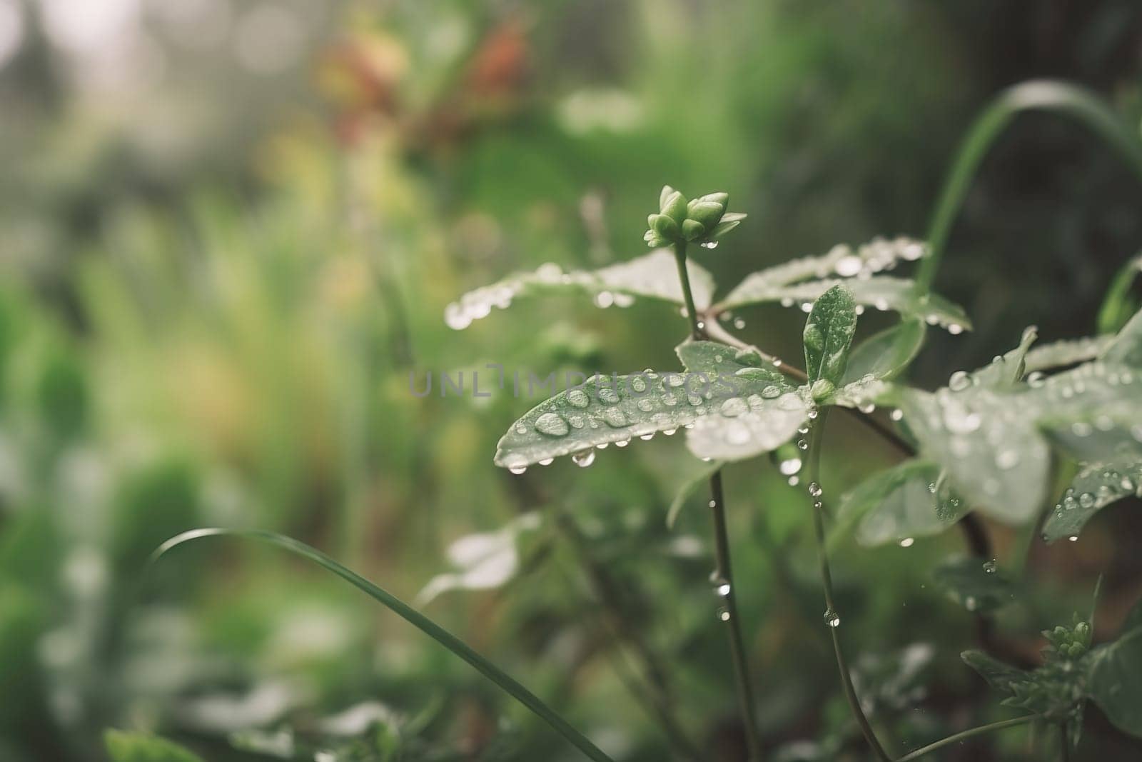 Beautiful plants with dew drops in nature on rainy morning in garden, selective focus. Image in green tones. Spring summer natural background by FokasuArt