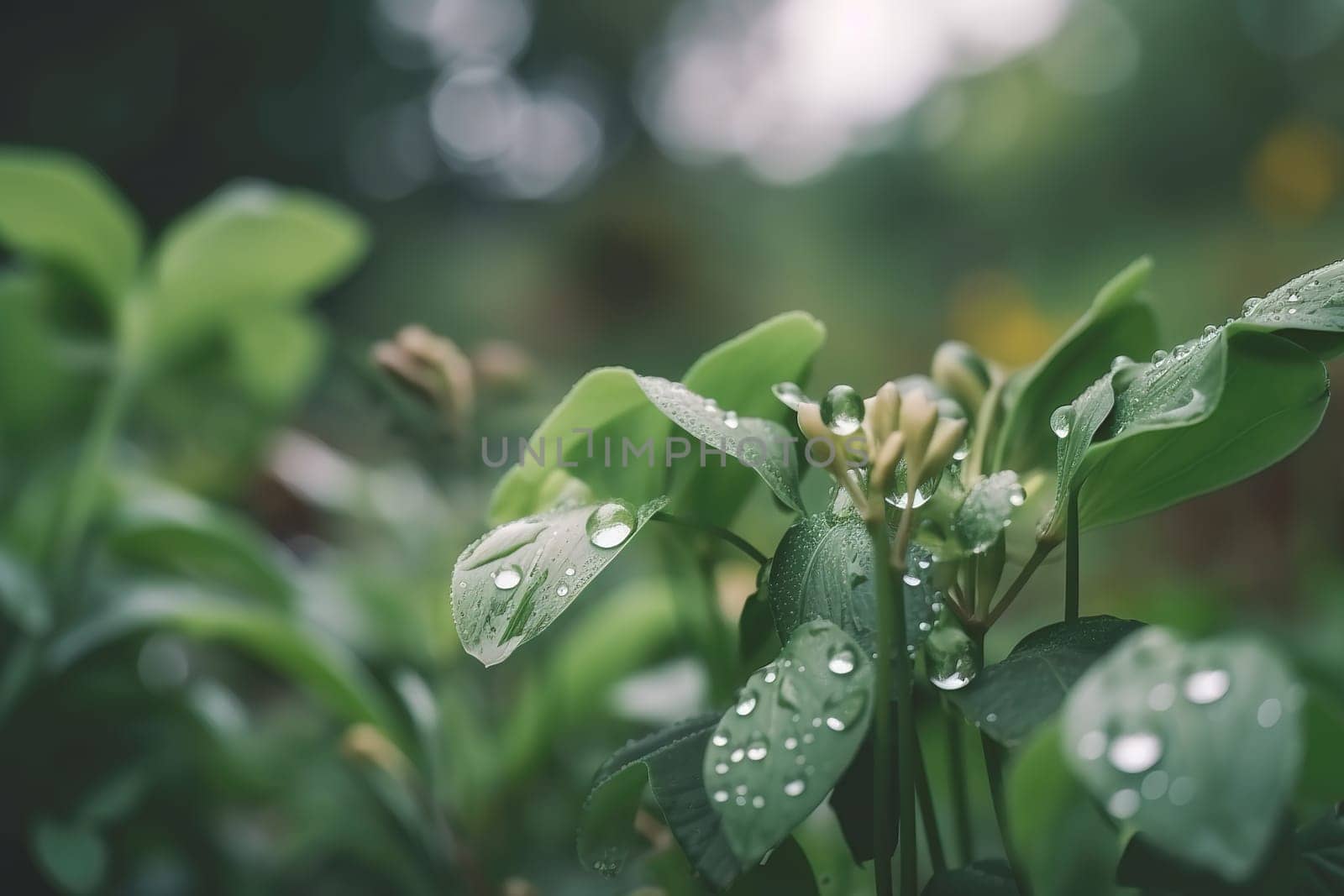 Beautiful plants with dew drops in nature on rainy morning in garden, selective focus. Image in green tones. Spring summer natural background.