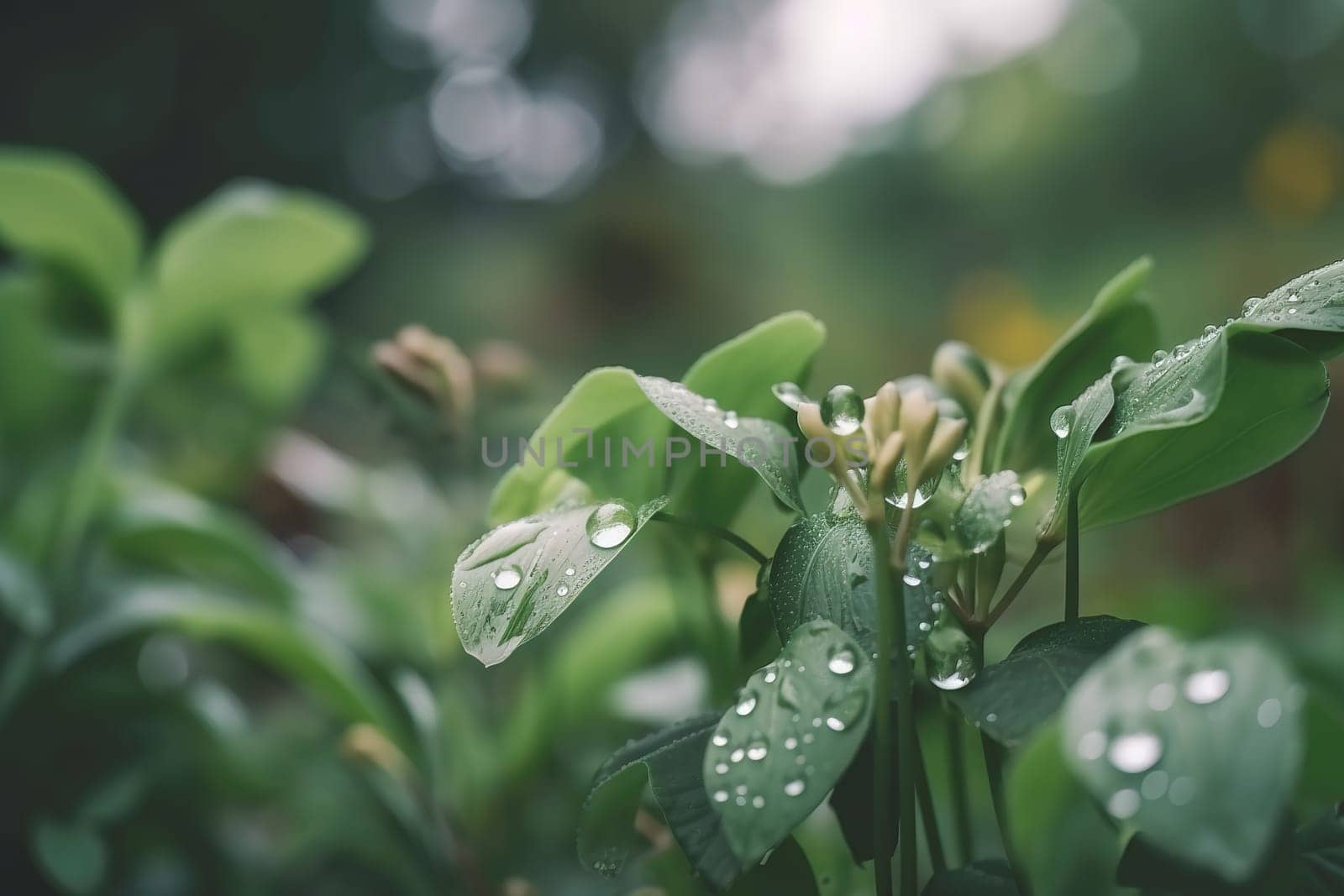 Beautiful plants with dew drops in nature on rainy morning in garden, selective focus. Image in green tones. Spring summer natural background by FokasuArt