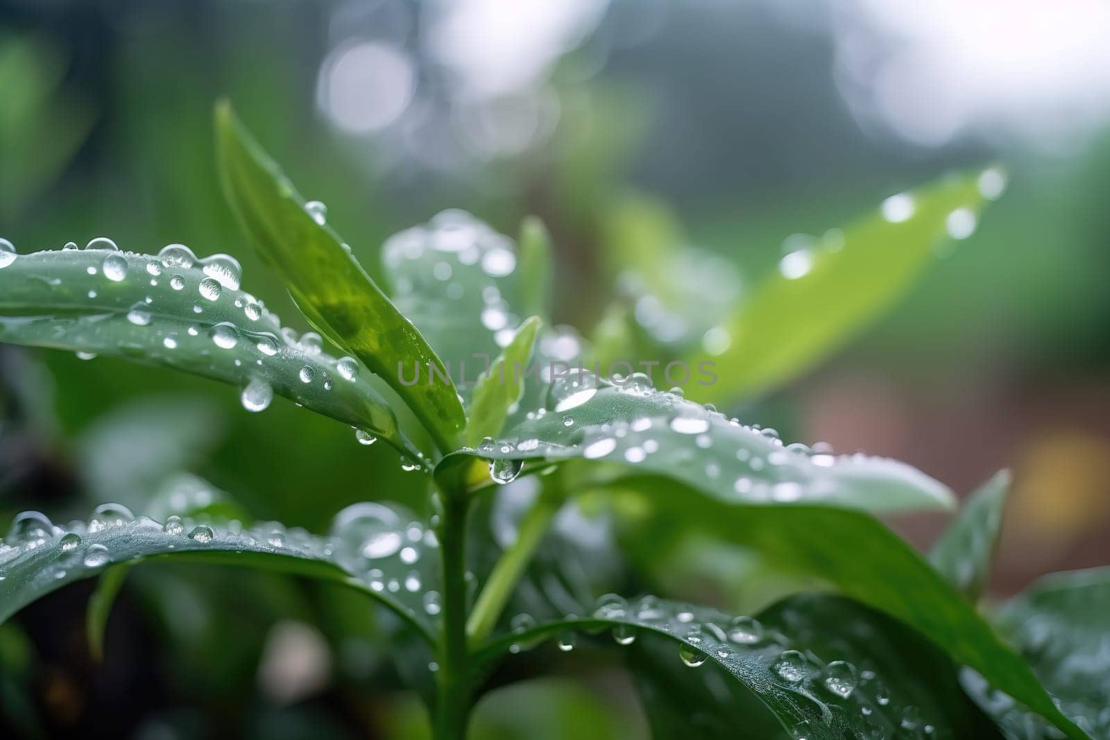 Beautiful plants with dew drops in nature on rainy morning in garden, selective focus. Image in green tones. Spring summer natural background.