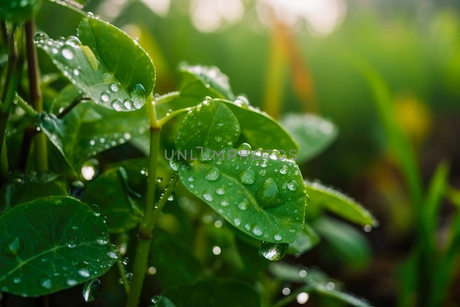 Beautiful plants with dew drops in nature on rainy morning in garden, selective focus. Image in green tones. Spring summer natural background.