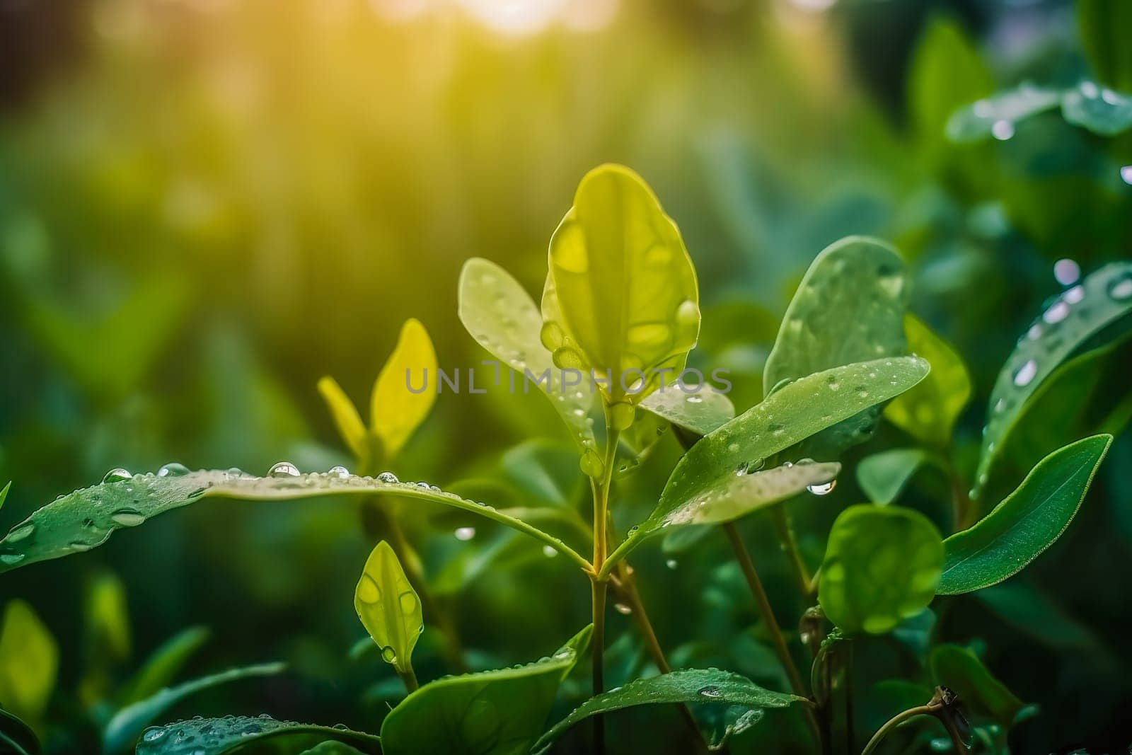 Beautiful plants with dew drops in nature on rainy morning in garden, selective focus. Image in green tones. Spring summer natural background by FokasuArt