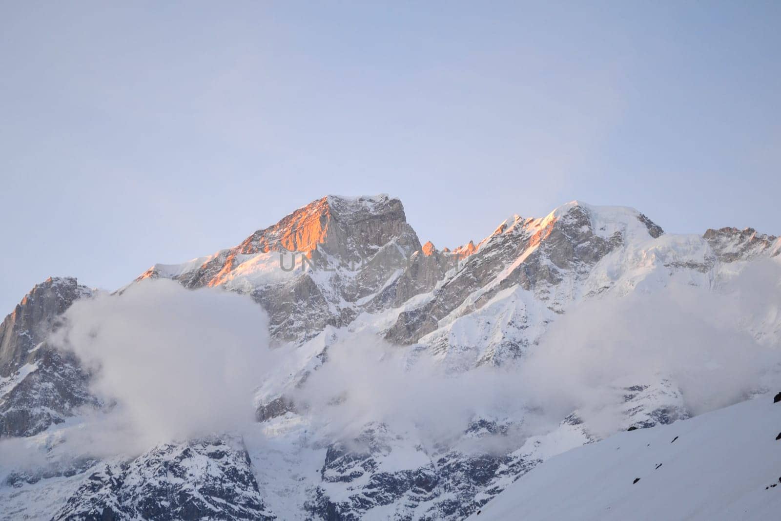 Snow-covered mountain peaks in Himalaya India. The Great Himalayas or Greater Himalayas probably is the highest mountain range of the Himalayan Range System.