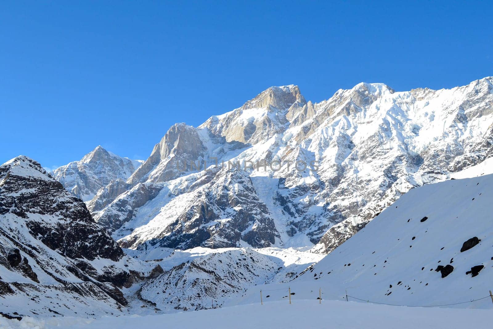 Snow-covered mountain peaks in Himalaya India. by stocksvids