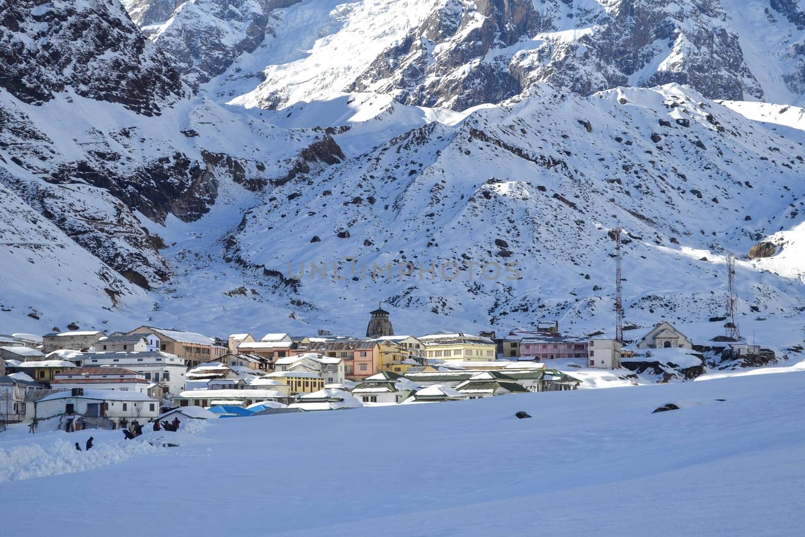 Snow-covered Kedarnath temple, Kedarnath Dham in India. Kedarnath is a town in the Indian state of Uttarakhand and has gained importance because of Kedarnath Temple.