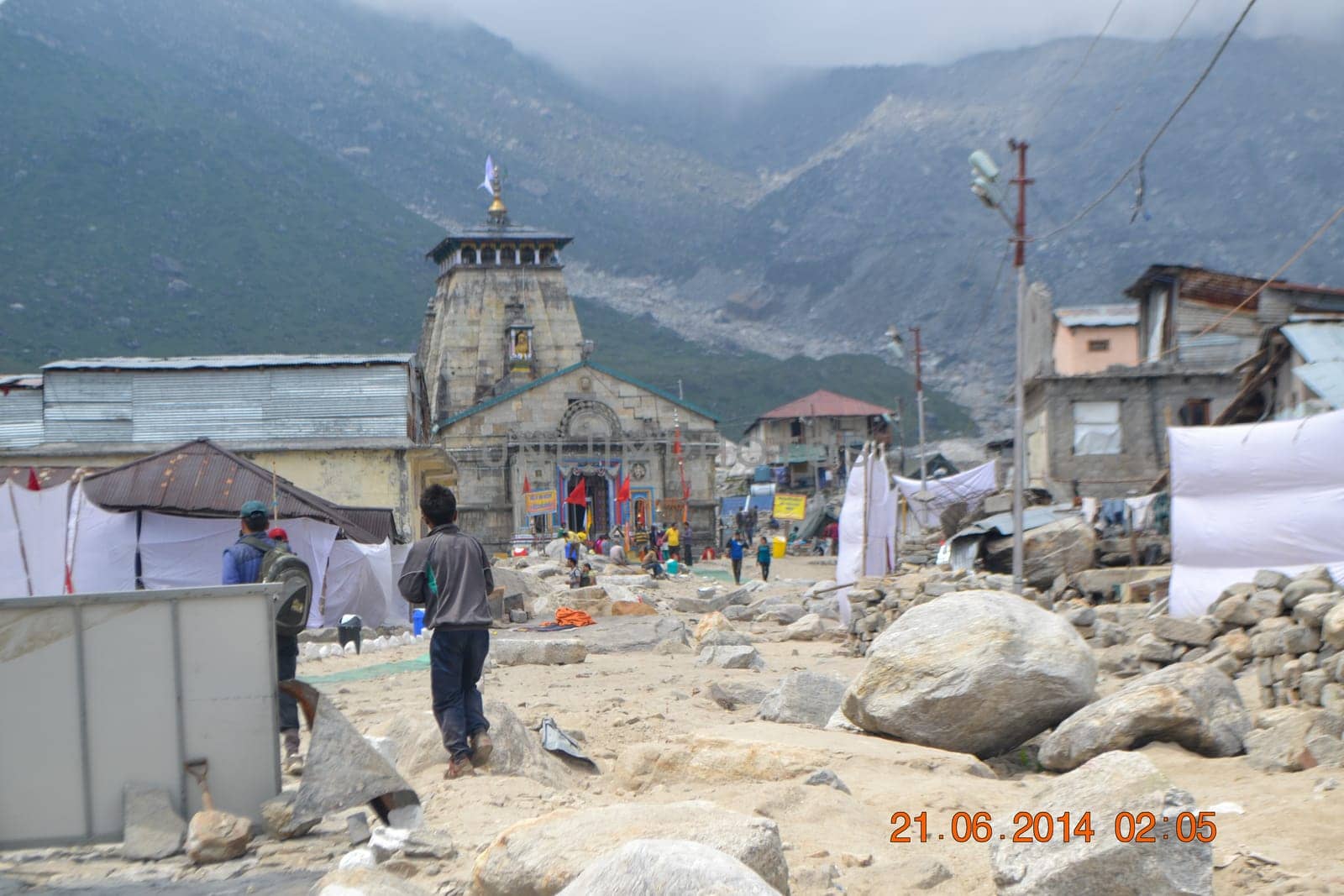 Kedarnath temple after Kedarnath disaster in 2013. Kedarnath was devastated on June 2013 due to landslides and flash floods that killed more than 5000 people.