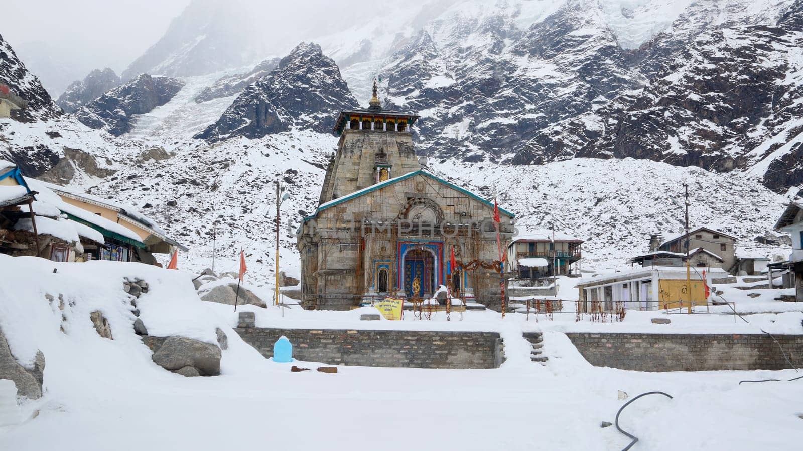 Kedarnath temple during winter and snow fall in Uttarakhand. Kedarnath temple is a Hindu temple dedicated to Shiva. Located on the Garhwal Himalayan range near the Mandakini river,