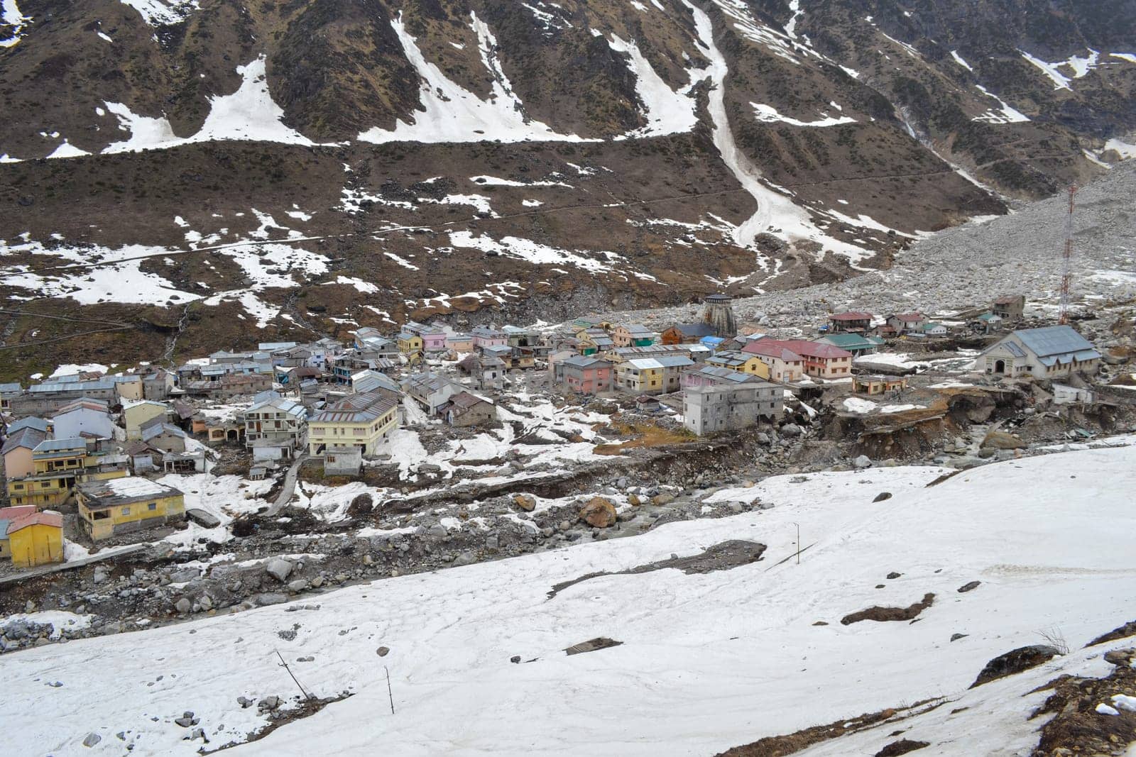 Kedarnath Dham, Kedarpuri, Kedar Nagri covered in Snow. Kedarnath is a town in the Indian state of Uttarakhand and has gained importance because of Kedarnath Temple. High quality photo