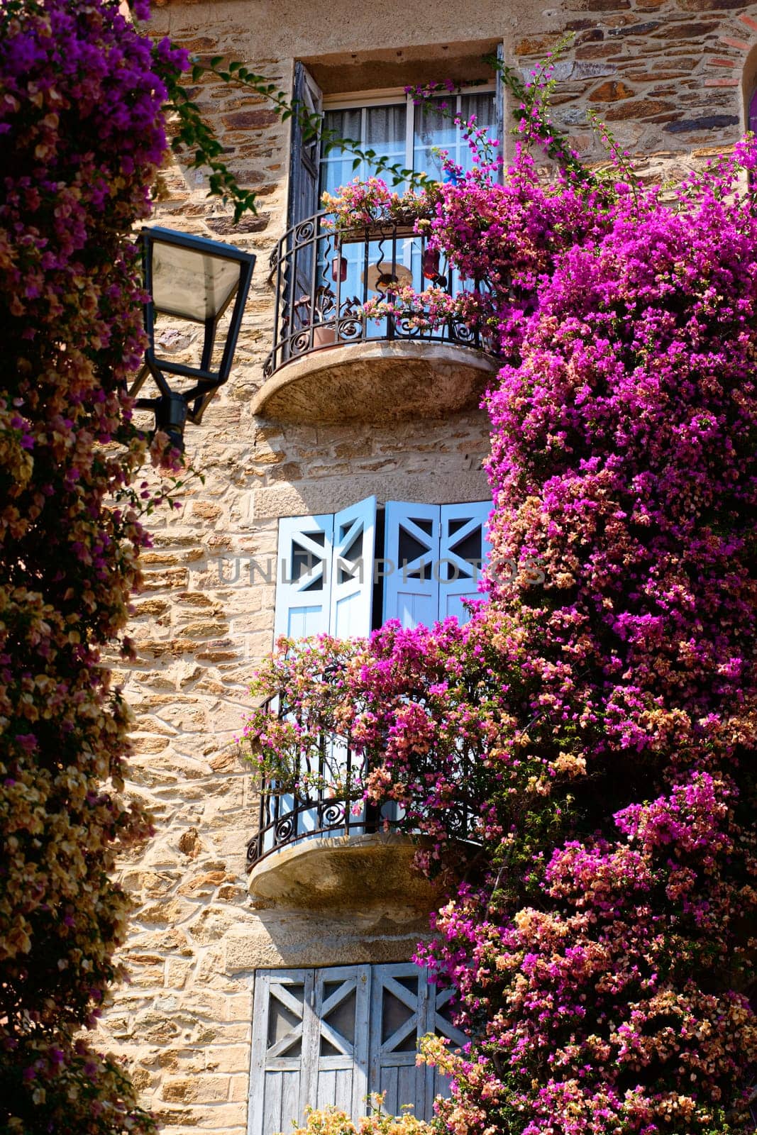 A bright, sunny day at the charming Bormes les Mimosas reveals a beautiful house adorned with flowering plants and trees in its exterior.