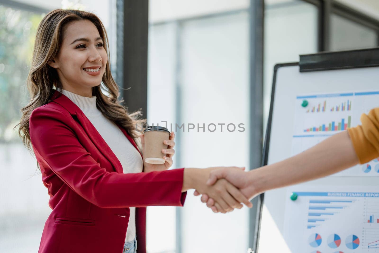 Handshake, contract deal and business partnership of meeting with shaking hands. Networking, hiring and professional negotiation of onboarding collaboration and congratulations of project.